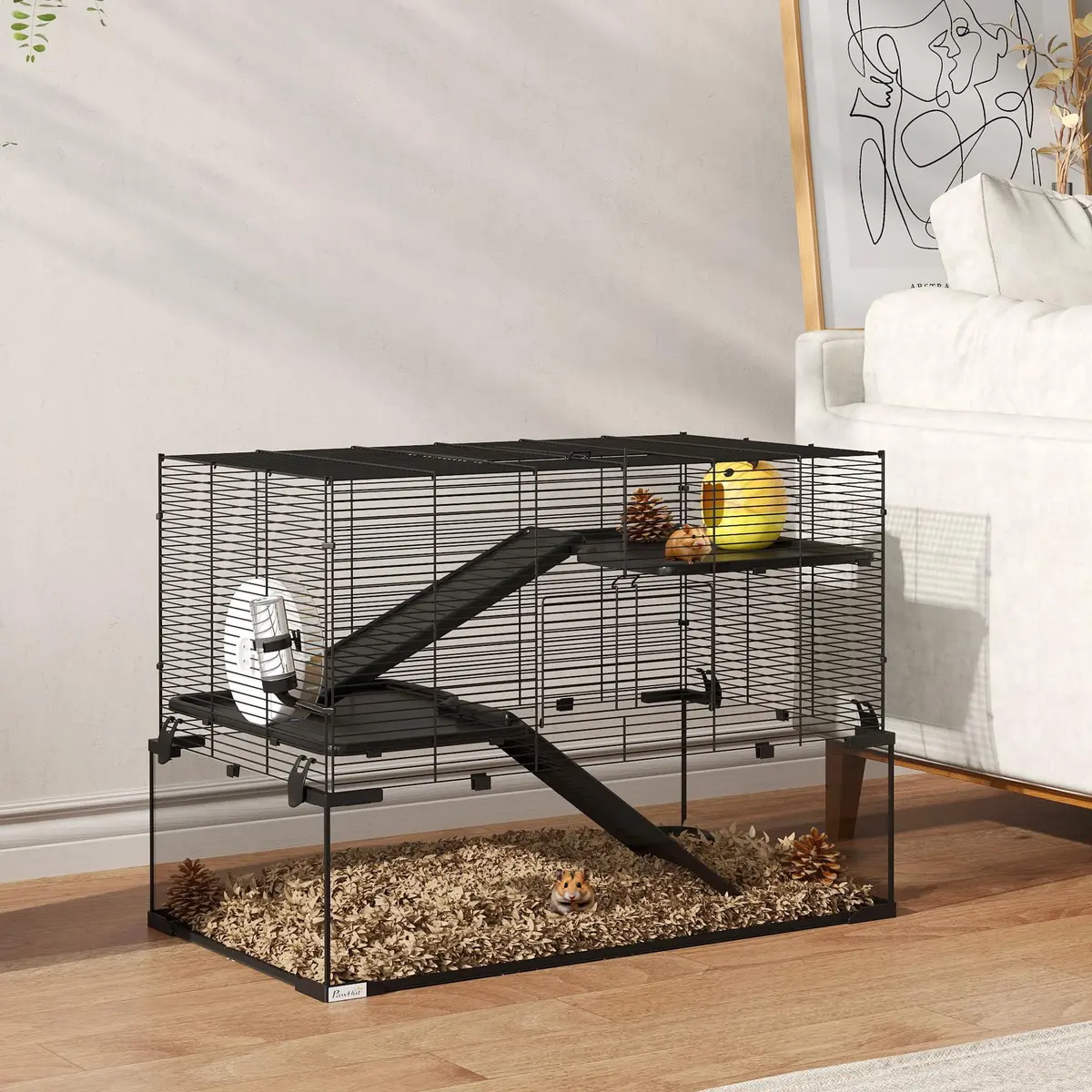 PawHut Large Hamster Cage Deep Tempered Glass Bottom 30"x19"x21.5" Black | Multi-Level Habitat for Syrian & Dwarf Hamsters - view 9