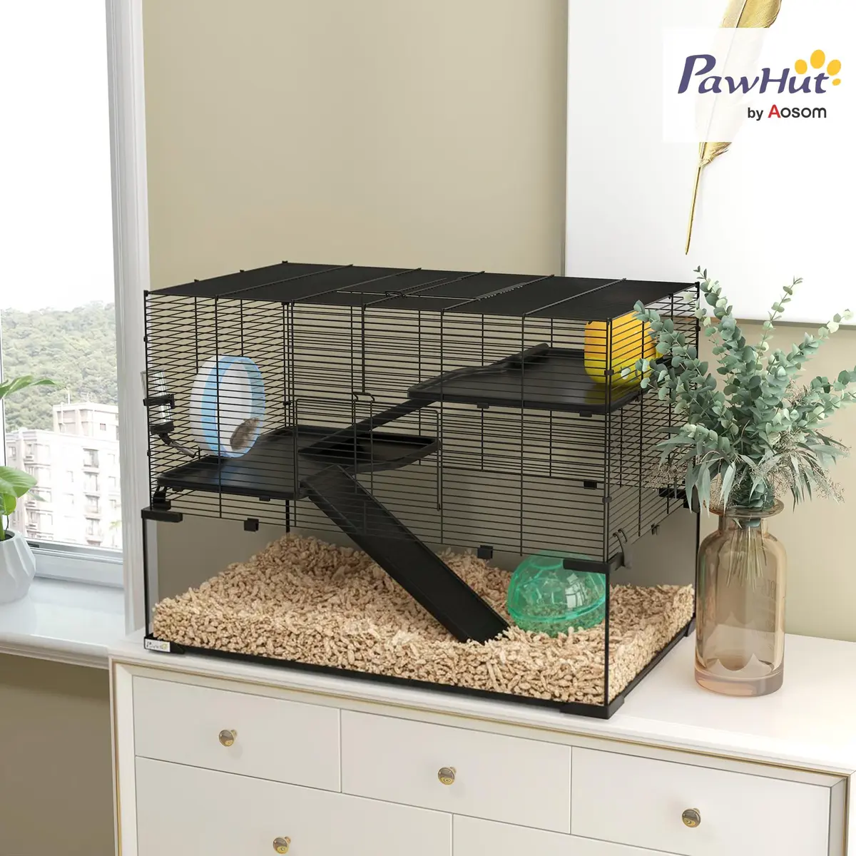 PawHut Large Hamster Cage Deep Tempered Glass Bottom 30"x19"x21.5" Black | Multi-Level Habitat for Syrian & Dwarf Hamsters - view 2