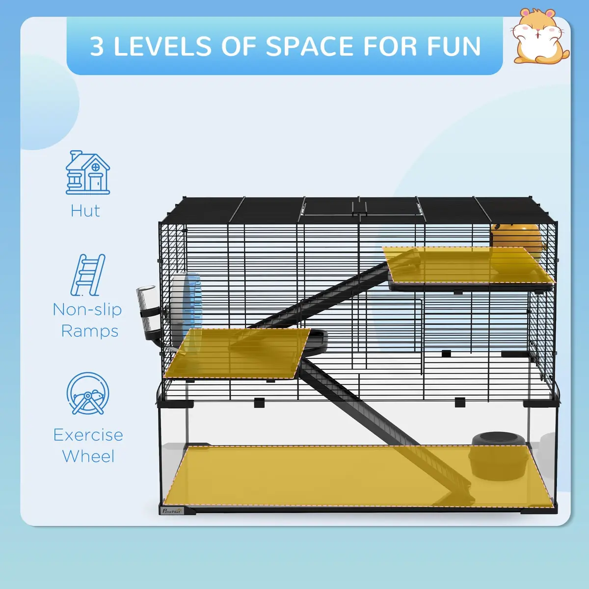 PawHut Large Hamster Cage Deep Tempered Glass Bottom 30"x19"x21.5" Black | Multi-Level Habitat for Syrian & Dwarf Hamsters - view 3
