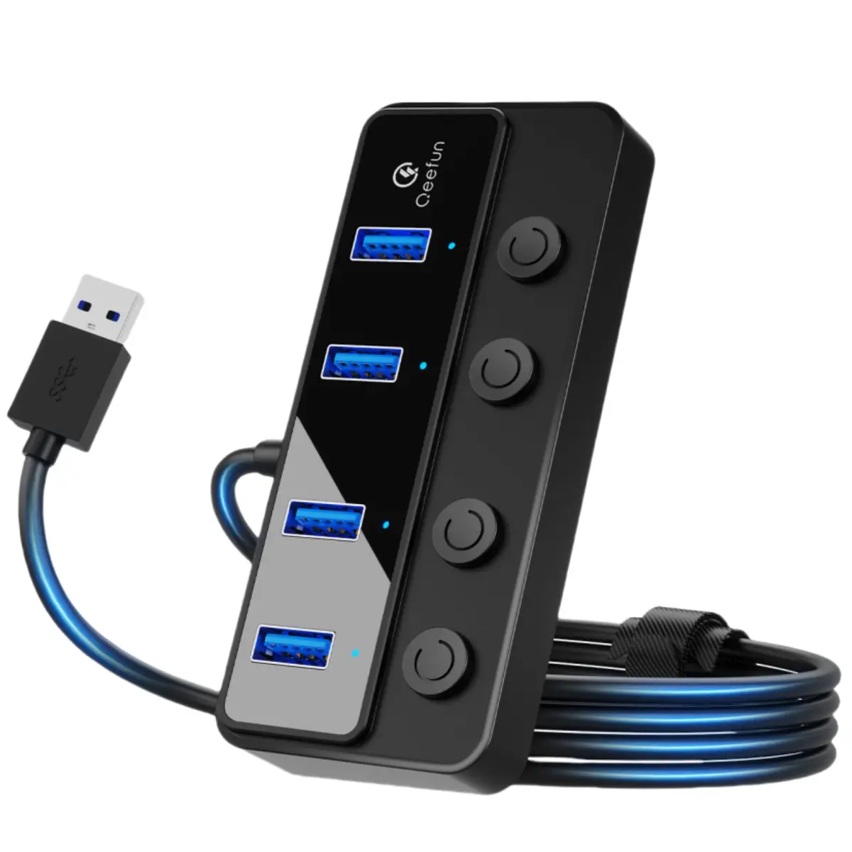 Q QEEFUN 4-Port USB 3.0 Hub with Type-C Power Port & 4ft Cable, Individual Switches, 5Gbps Data Transfer - main product image