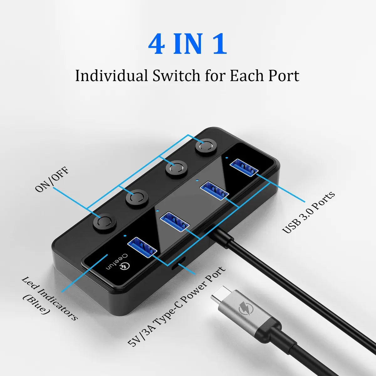Q QEEFUN 4-Port USB 3.0 Hub with Type-C Power Port & 4ft Cable, Individual Switches, 5Gbps Data Transfer - view 6