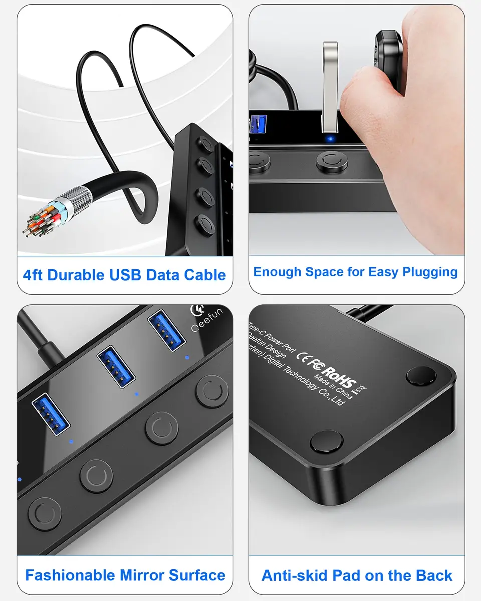 Q QEEFUN 4-Port USB 3.0 Hub with Type-C Power Port & 4ft Cable, Individual Switches, 5Gbps Data Transfer - view 7