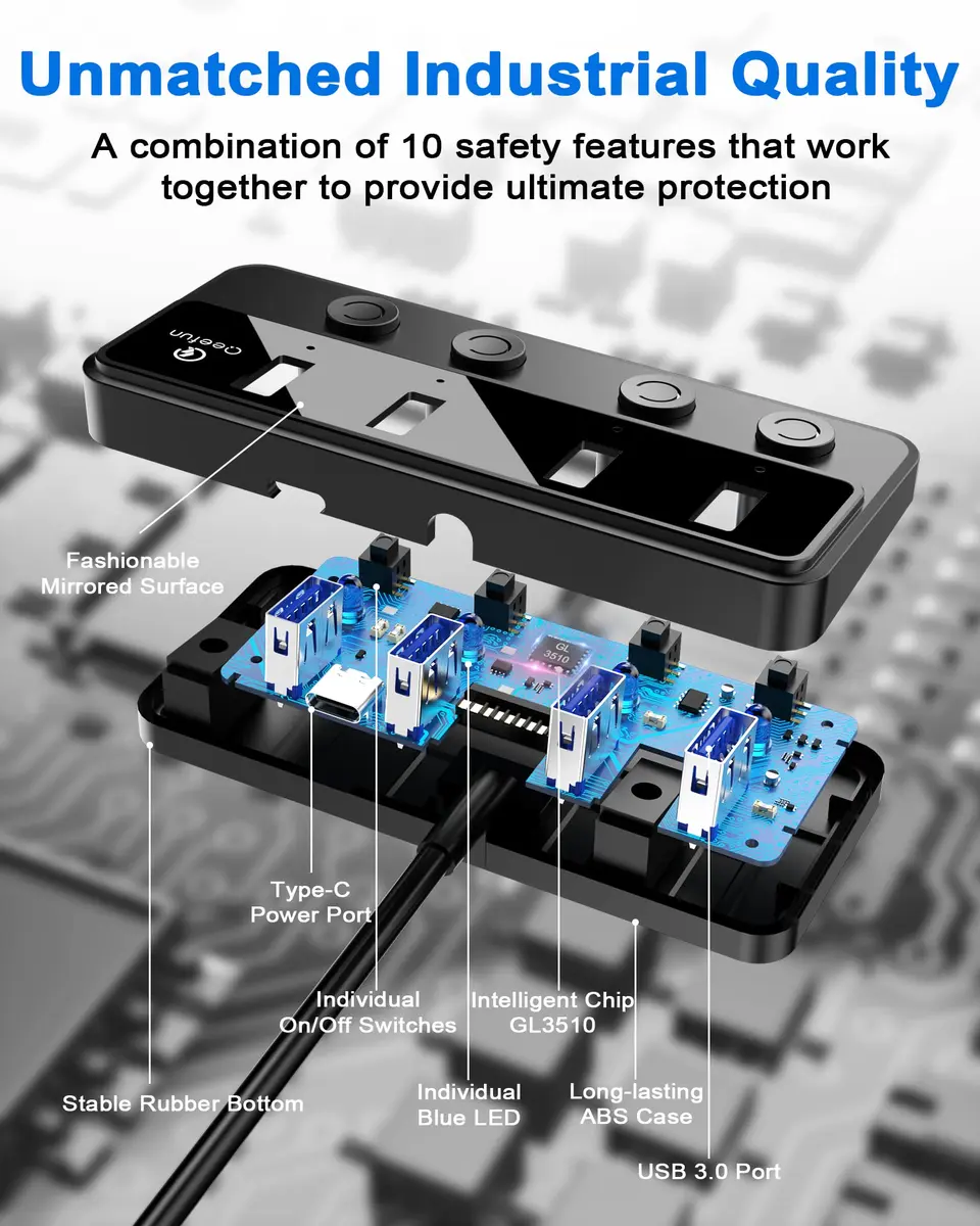 Q QEEFUN 4-Port USB 3.0 Hub with Type-C Power Port & 4ft Cable, Individual Switches, 5Gbps Data Transfer - view 8