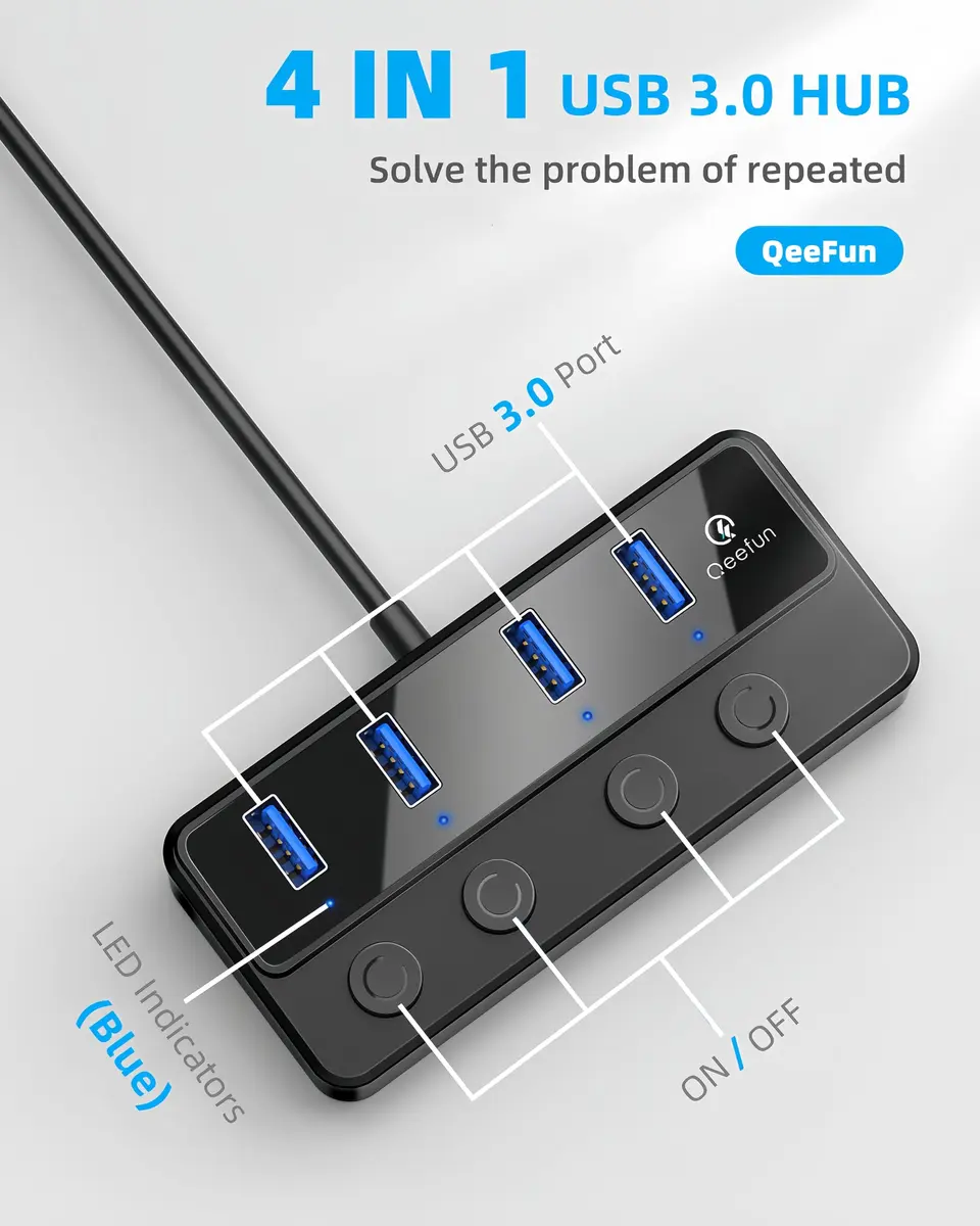 Q QEEFUN 4-Port USB 3.0 Hub with Type-C Power Port & 4ft Cable, Individual Switches, 5Gbps Data Transfer - view 2