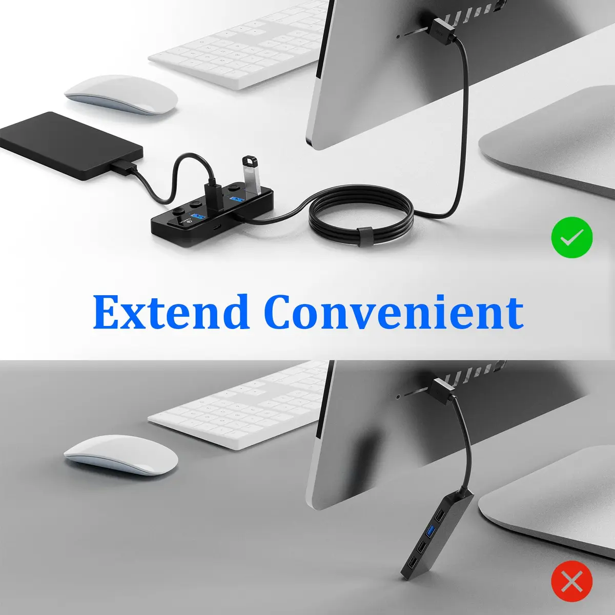 Q QEEFUN 4-Port USB 3.0 Hub with Type-C Power Port & 4ft Cable, Individual Switches, 5Gbps Data Transfer - view 3