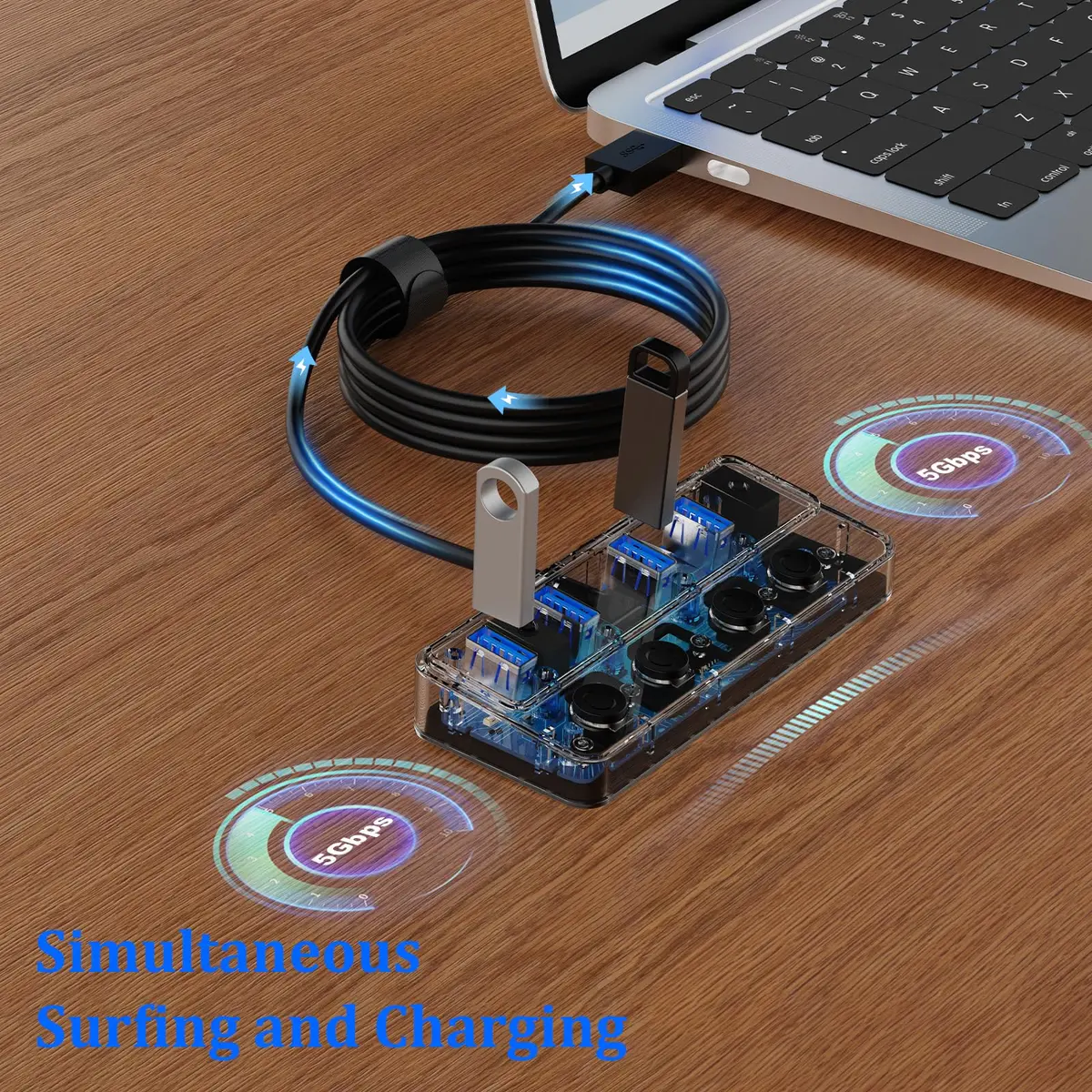 Q QEEFUN 4-Port USB 3.0 Hub with Type-C Power Port & 4ft Cable, Individual Switches, 5Gbps Data Transfer - view 4