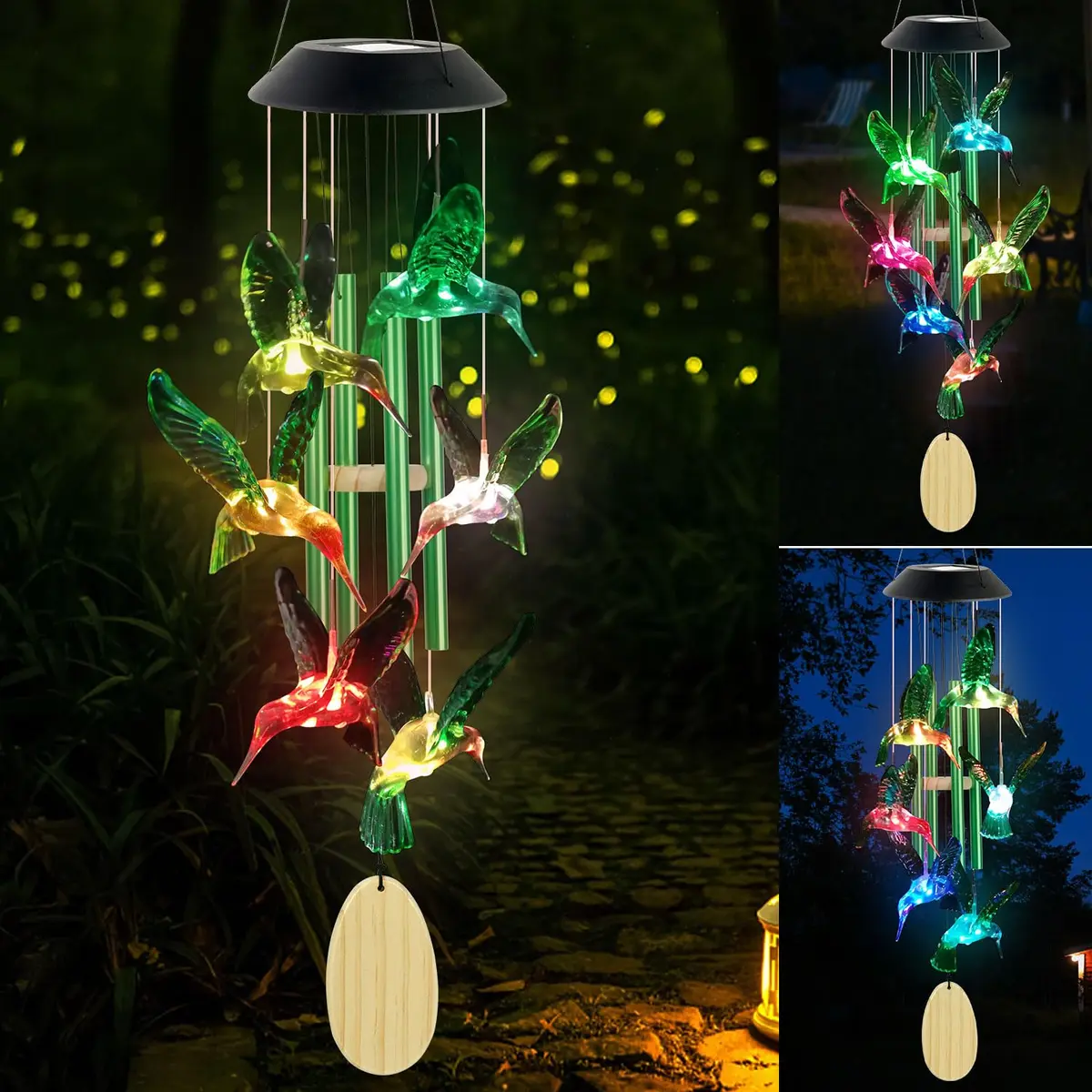 SIX FOXES Hummingbird Solar Wind Chimes Outdoor | Color Changing LED Yard Decor - main product image