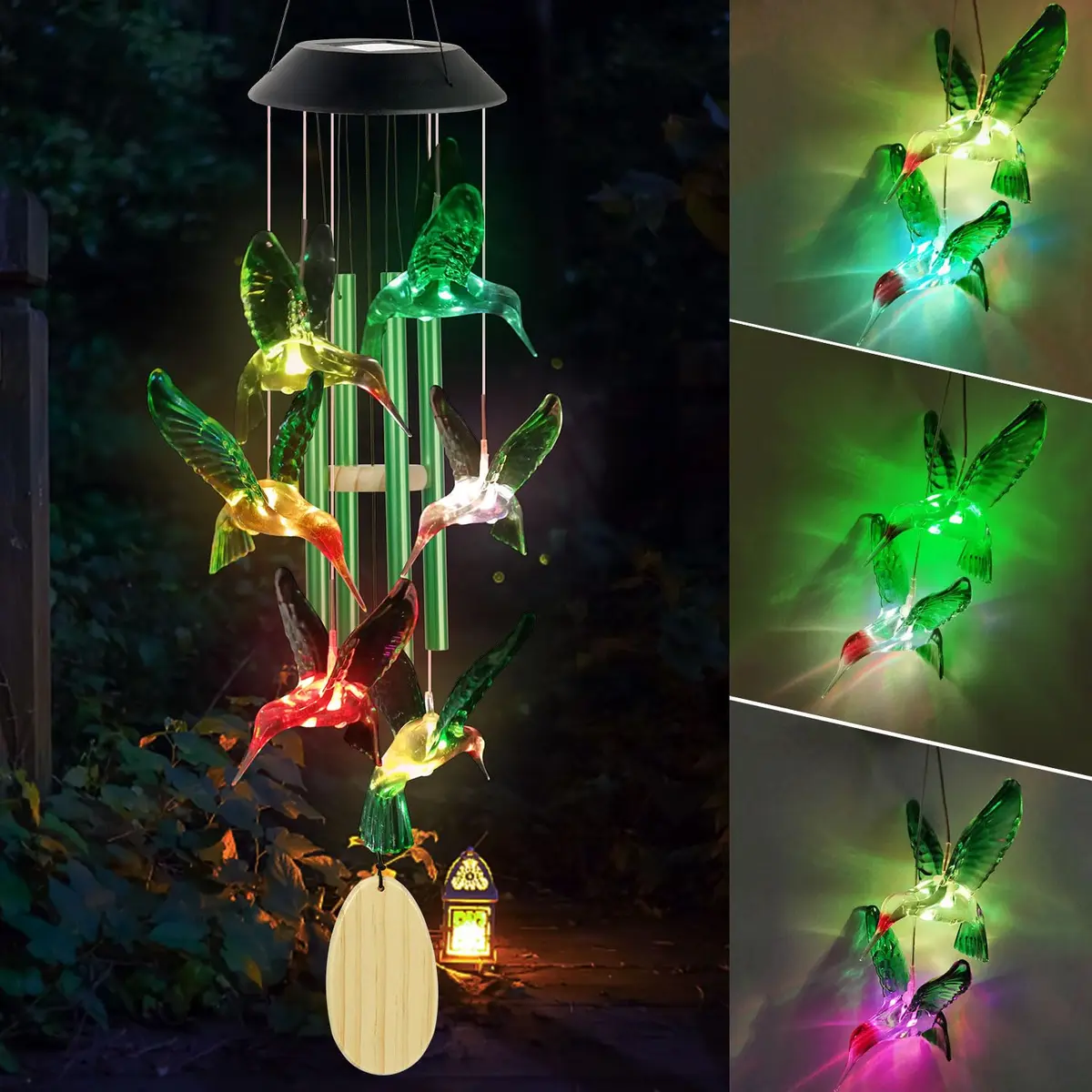 SIX FOXES Hummingbird Solar Wind Chimes Outdoor | Color Changing LED Yard Decor - view 5