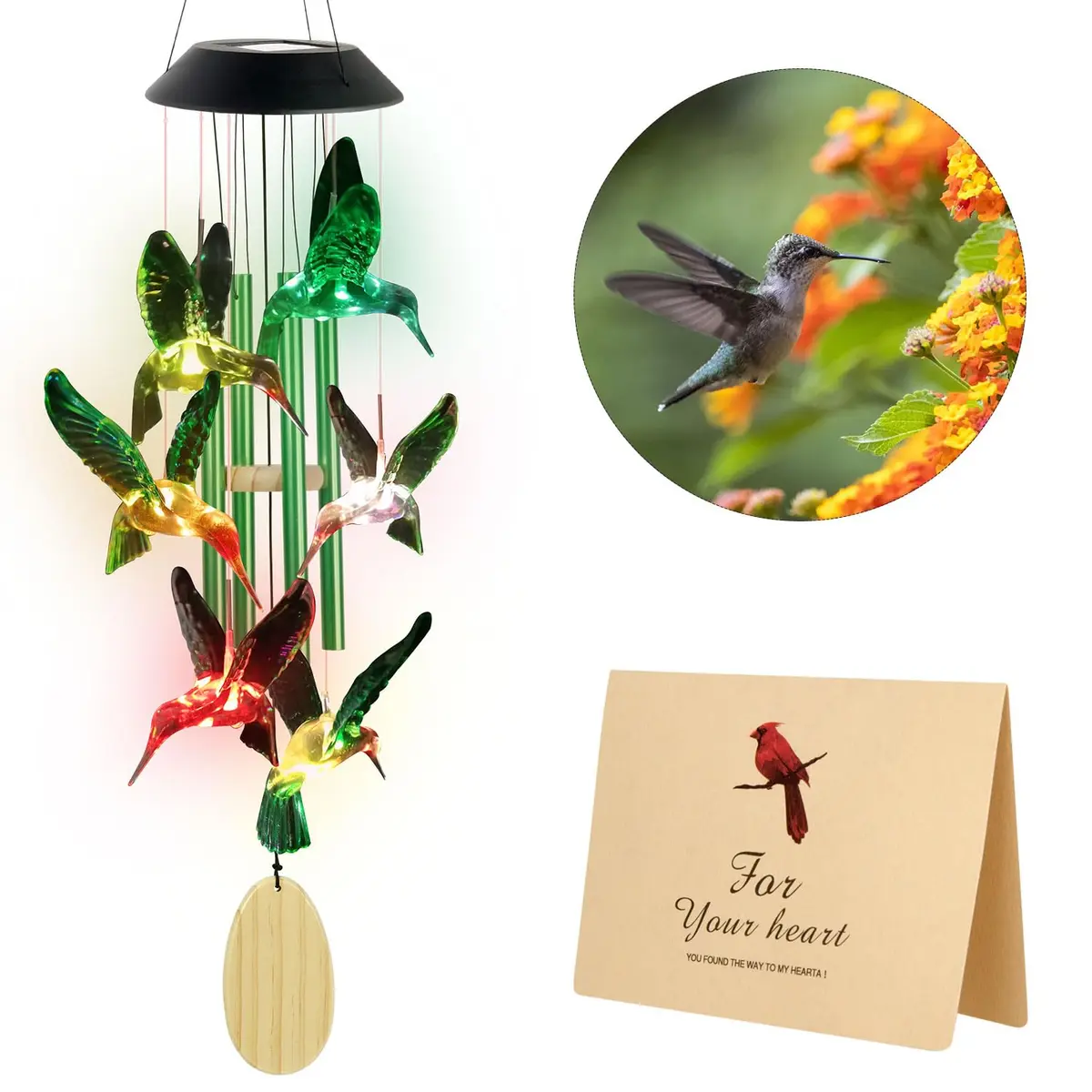 SIX FOXES Hummingbird Solar Wind Chimes Outdoor | Color Changing LED Yard Decor - view 6
