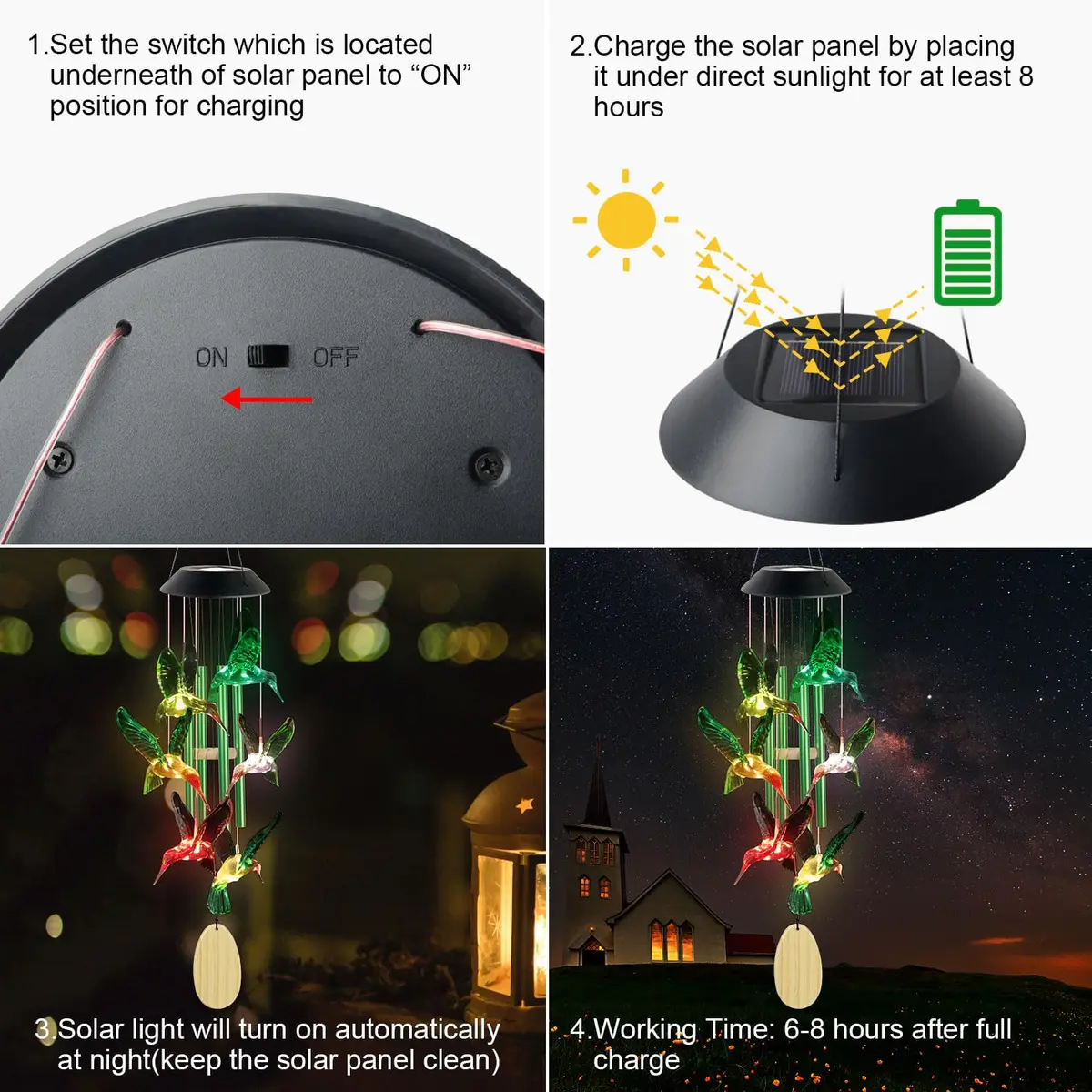 SIX FOXES Hummingbird Solar Wind Chimes Outdoor | Color Changing LED Yard Decor - view 7