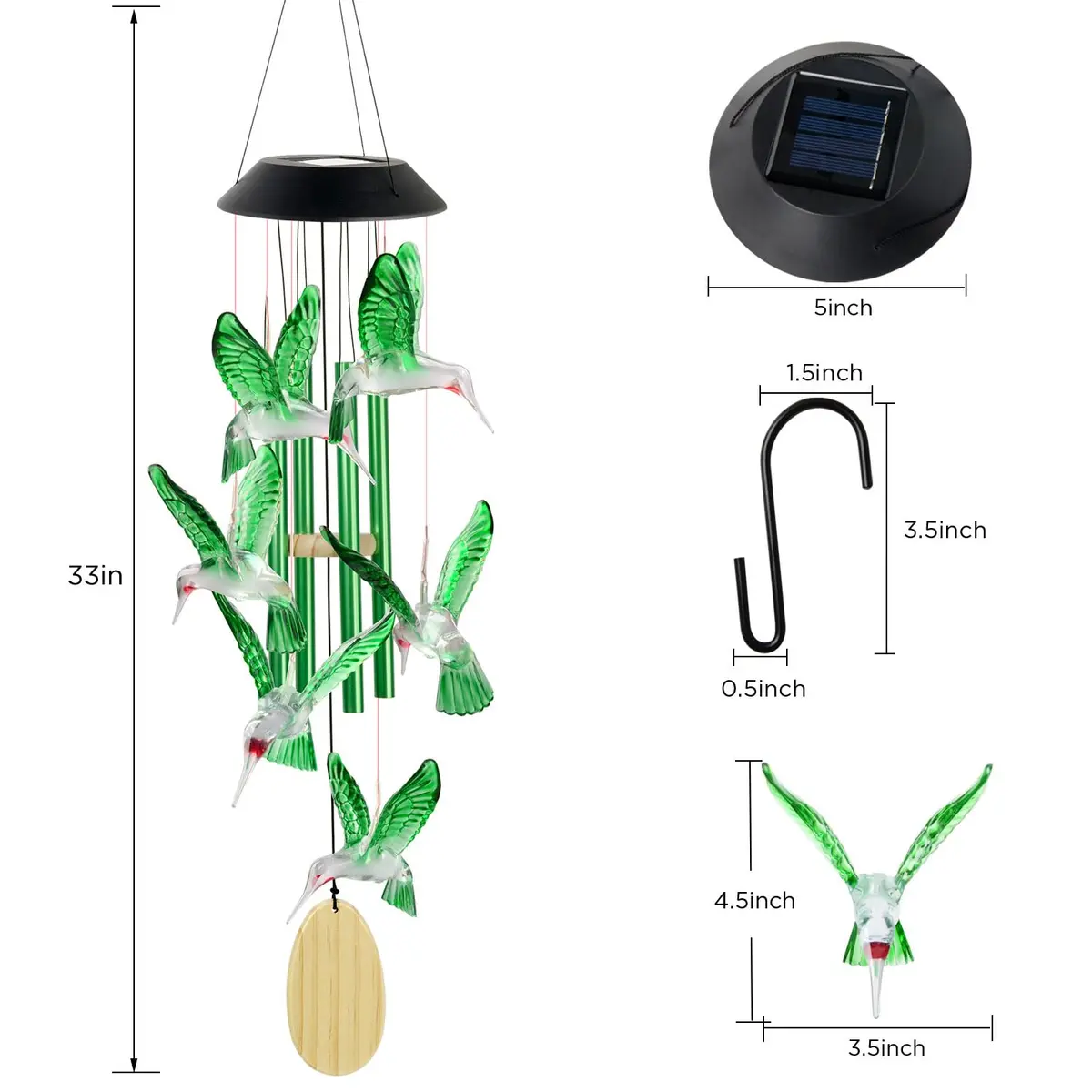SIX FOXES Hummingbird Solar Wind Chimes Outdoor | Color Changing LED Yard Decor - view 2