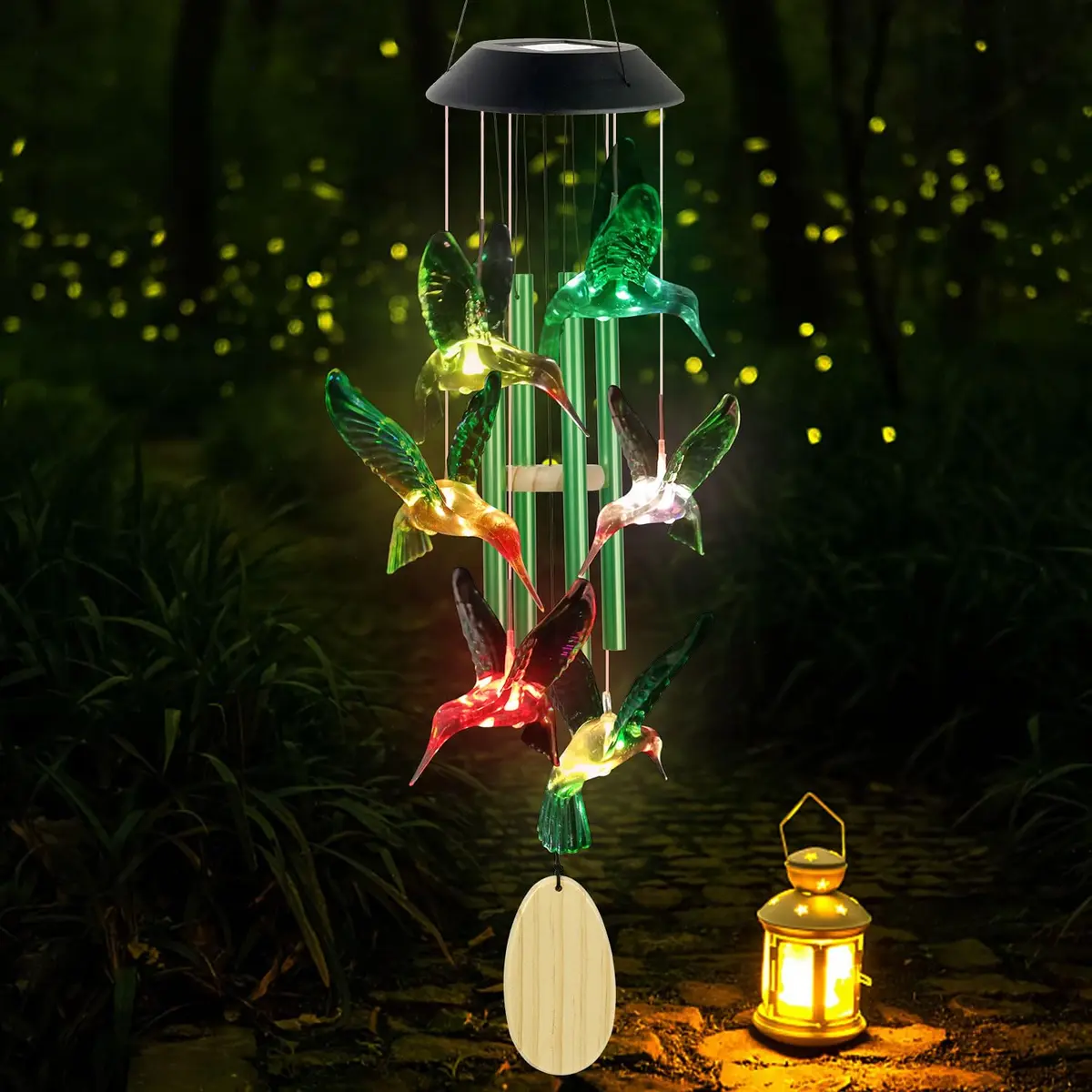 SIX FOXES Hummingbird Solar Wind Chimes Outdoor | Color Changing LED Yard Decor - view 3