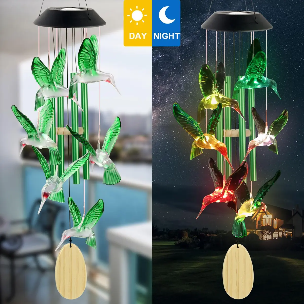 SIX FOXES Hummingbird Solar Wind Chimes Outdoor | Color Changing LED Yard Decor - view 4