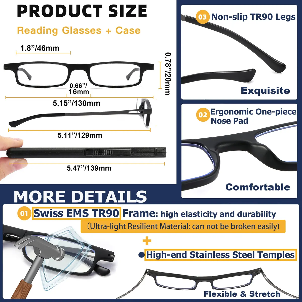 TOVEEN Compact Folding Reading Glasses +3.0 | Blue Light Blocker, Ultra Thin, Impact-Resistant TR90 Frame - view 5