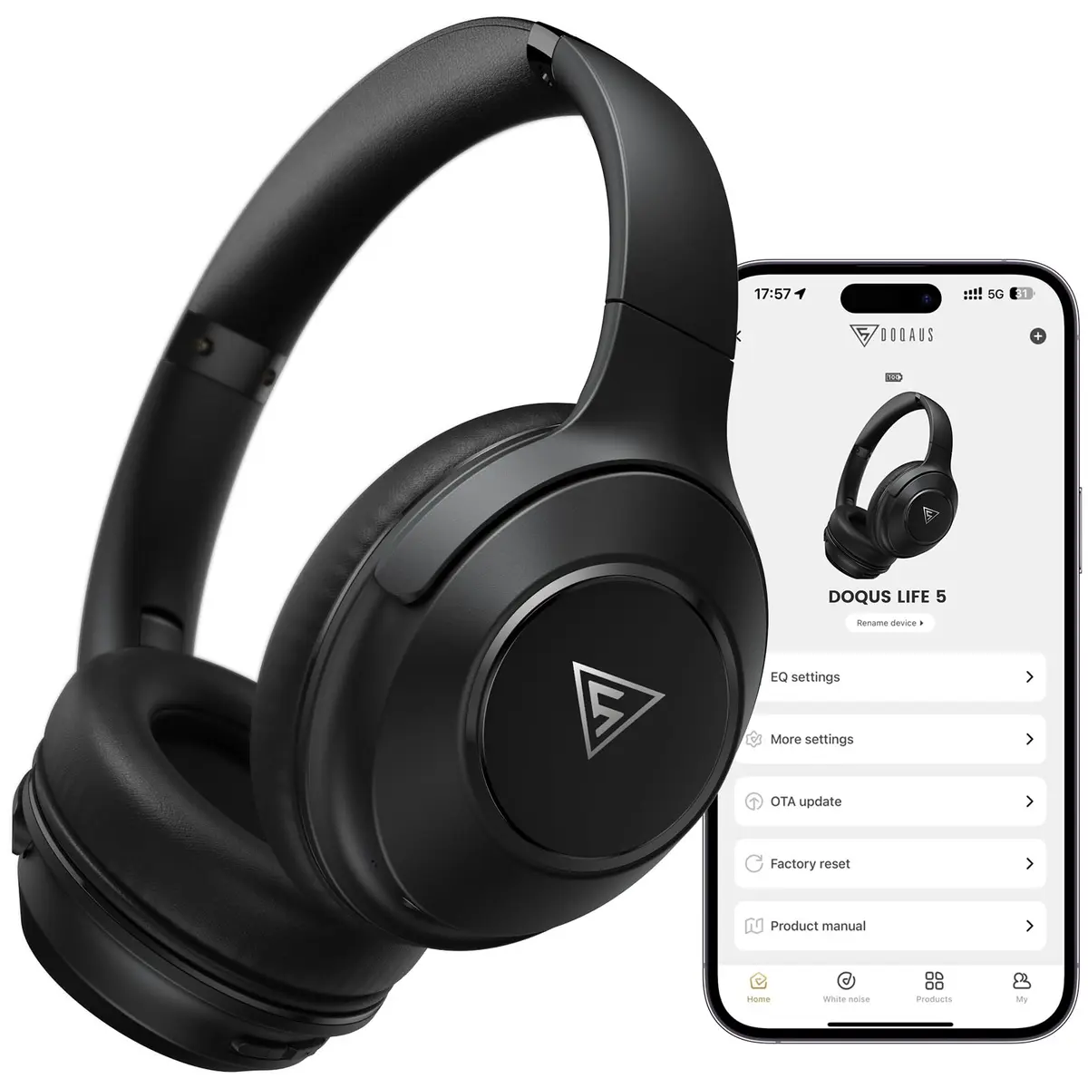 DOQAUS LIFE 5 Over-Ear Bluetooth Headphones with App Control & 9 EQ Modes | 70-Hour Battery, Black - main product image