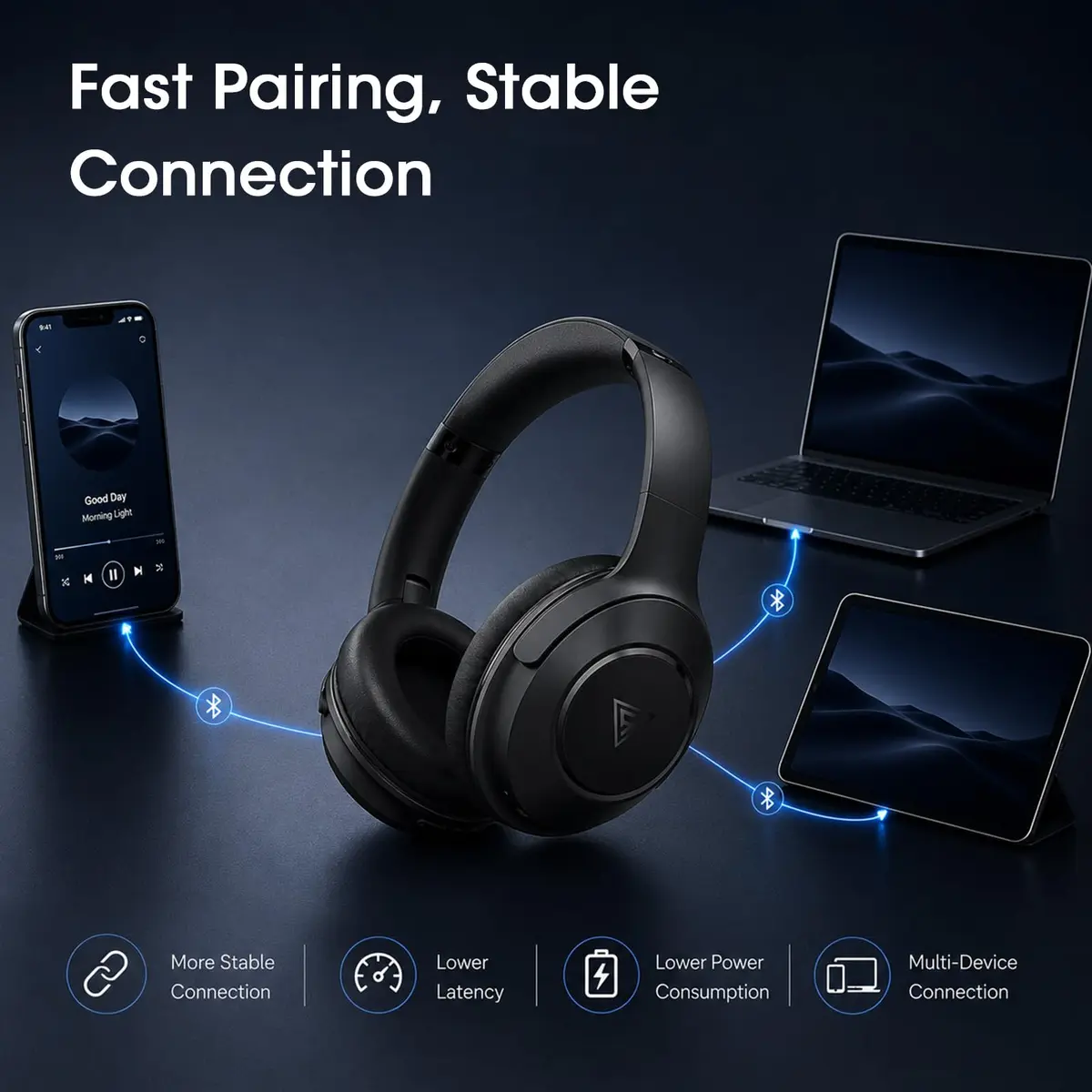 DOQAUS LIFE 5 Over-Ear Bluetooth Headphones with App Control & 9 EQ Modes | 70-Hour Battery, Black - view 6