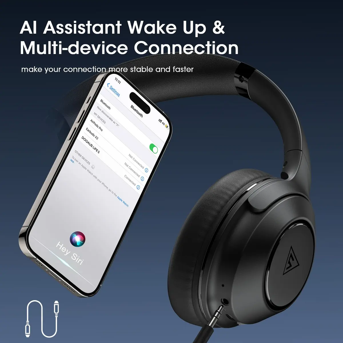 DOQAUS LIFE 5 Over-Ear Bluetooth Headphones with App Control & 9 EQ Modes | 70-Hour Battery, Black - view 8