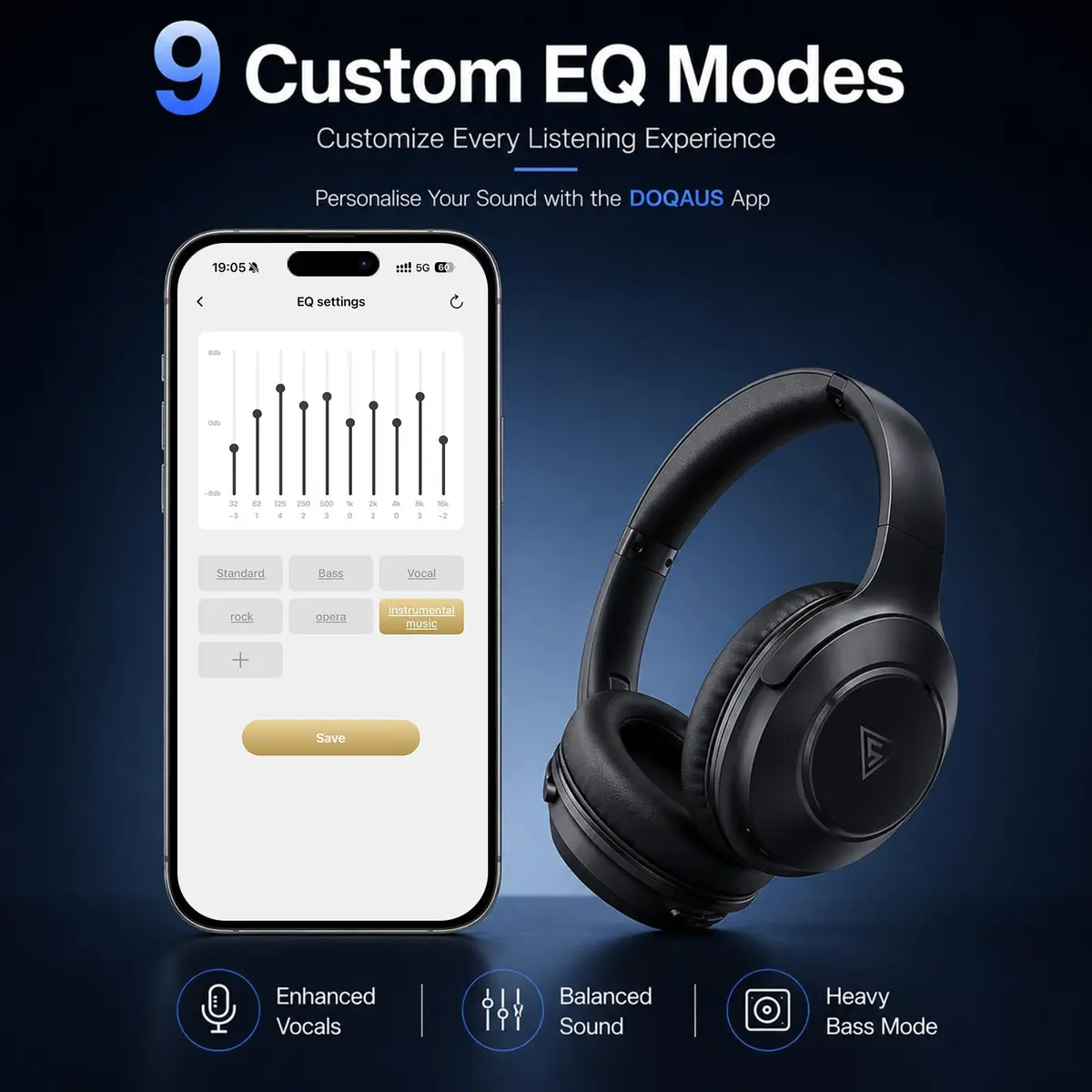 DOQAUS LIFE 5 Over-Ear Bluetooth Headphones with App Control & 9 EQ Modes | 70-Hour Battery, Black - view 2