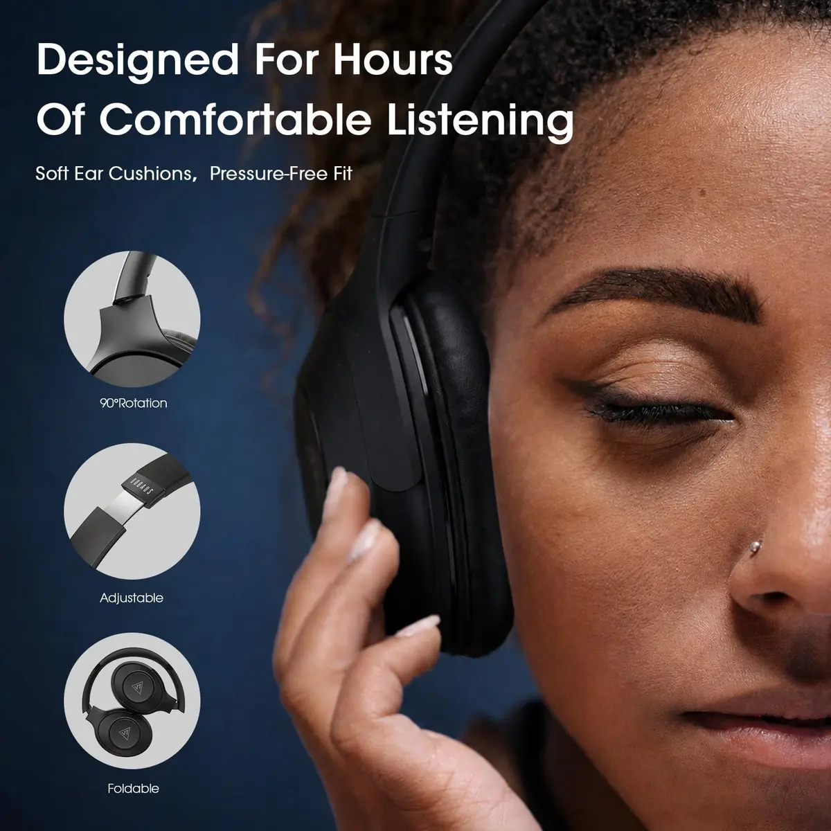DOQAUS LIFE 5 Over-Ear Bluetooth Headphones with App Control & 9 EQ Modes | 70-Hour Battery, Black - view 3
