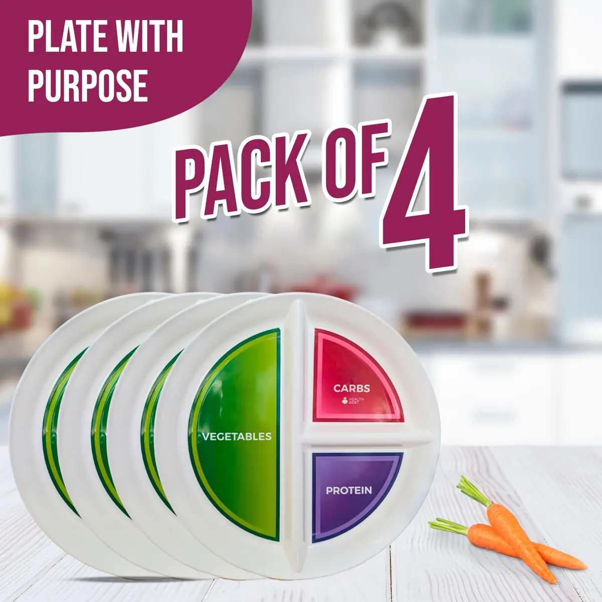 Health Beet 10” Diabetic Portion Control Plate 4 Pack | Balanced Eating Sections for Veggies Carbs Protein - view 2