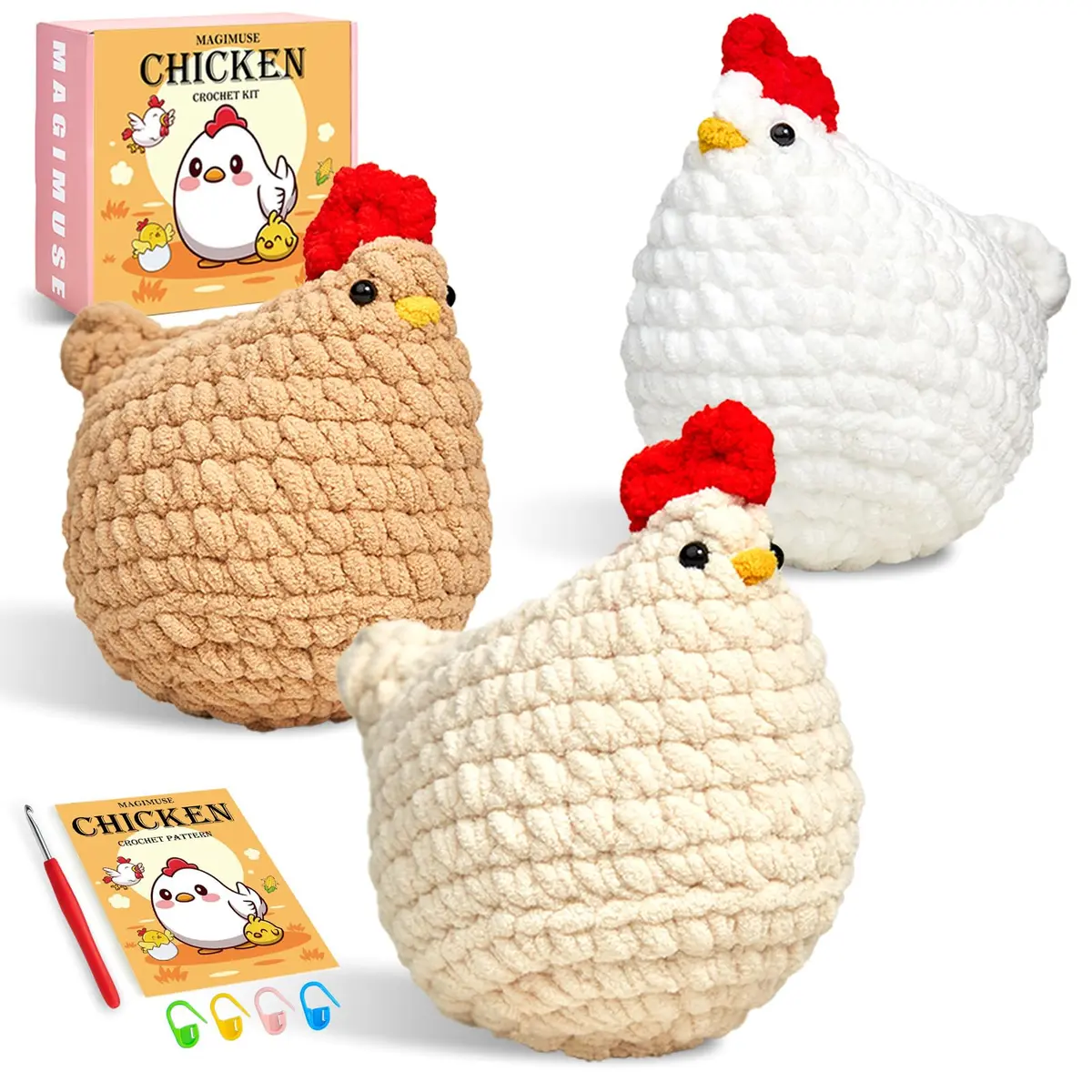 MAGIMUSE Crochet Kit for Beginners, 3 Pcs Chicken Crochet Craft Kit | Step-by-Step Video & Extra Yarn - main product image