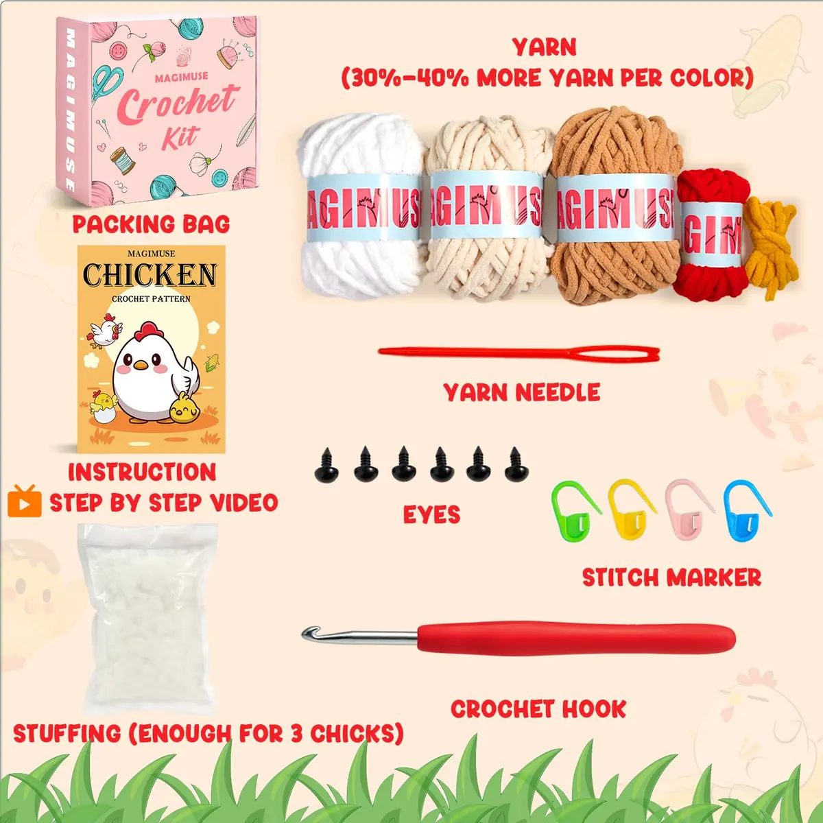 MAGIMUSE Crochet Kit for Beginners, 3 Pcs Chicken Crochet Craft Kit | Step-by-Step Video & Extra Yarn - view 3