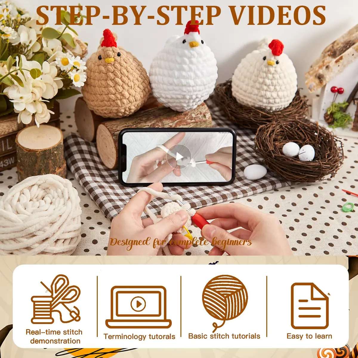 MAGIMUSE Crochet Kit for Beginners, 3 Pcs Chicken Crochet Craft Kit | Step-by-Step Video & Extra Yarn - view 4