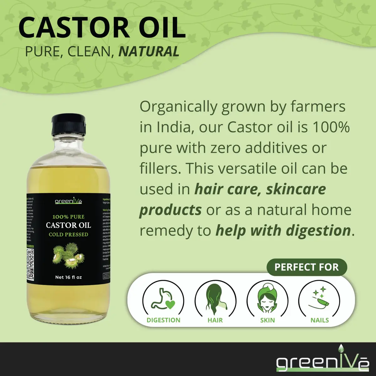 GreenIVe 100% Pure Cold Pressed Castor Oil 473ml (16 Fl Oz) | For Hair Growth & Skin Hydration - view 5