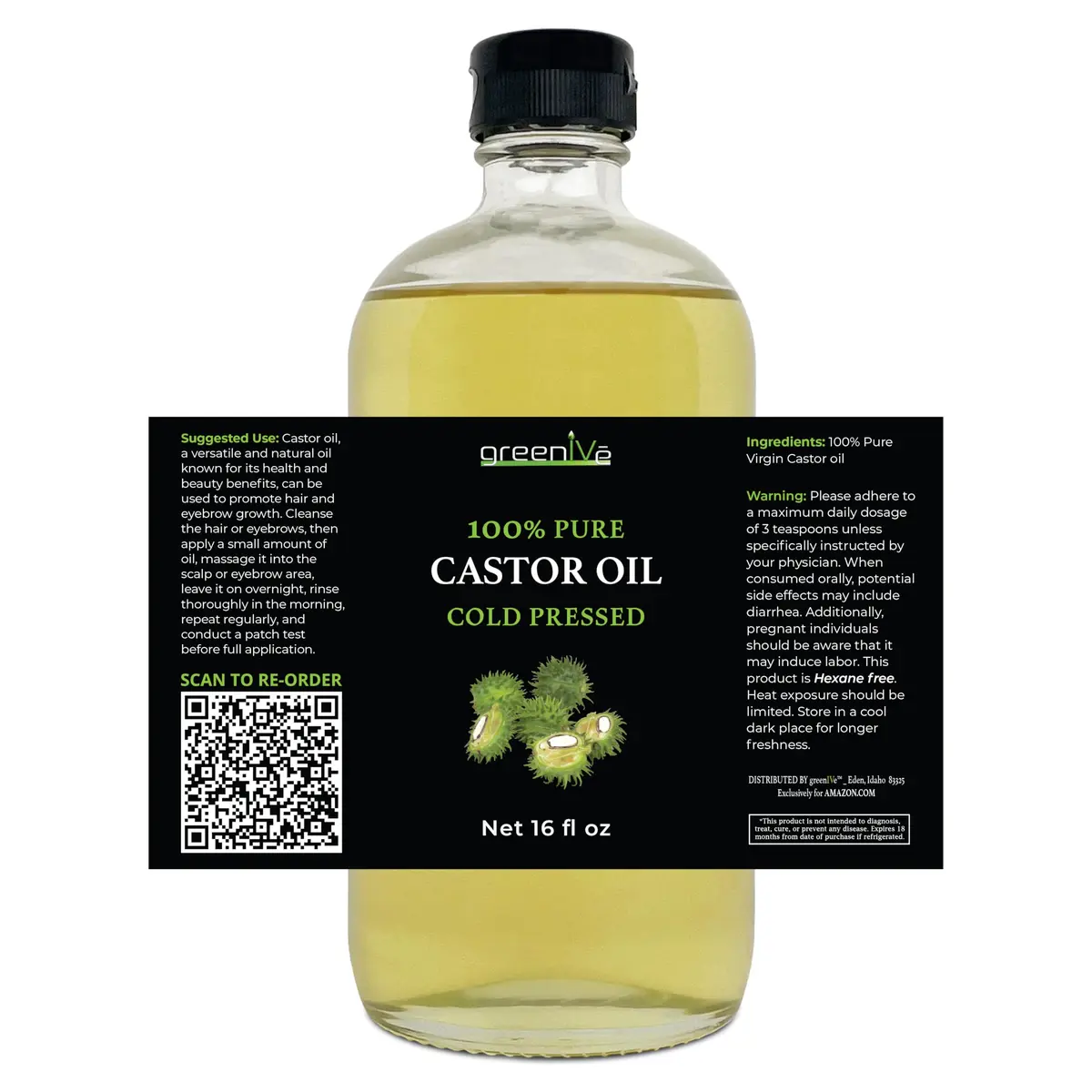 GreenIVe 100% Pure Cold Pressed Castor Oil 473ml (16 Fl Oz) | For Hair Growth & Skin Hydration - view 3