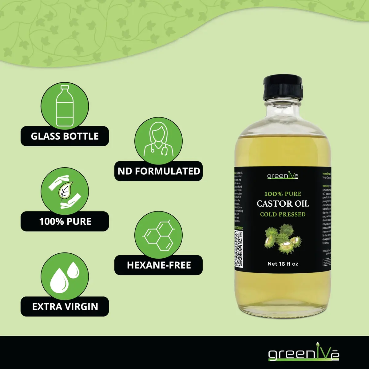 GreenIVe 100% Pure Cold Pressed Castor Oil 473ml (16 Fl Oz) | For Hair Growth & Skin Hydration - view 4