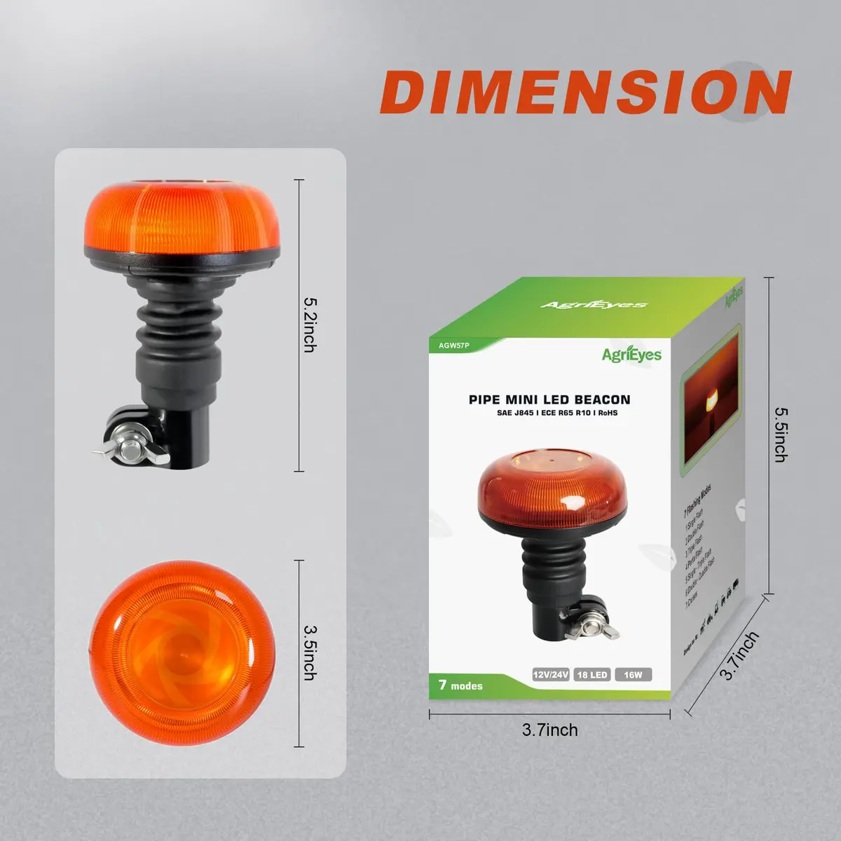 Agrieyes W57P Amber LED Beacon Light, Pole Mount Strobe Light 19W (12V) | High Visibility Emergency Vehicle Warning Light - view 6