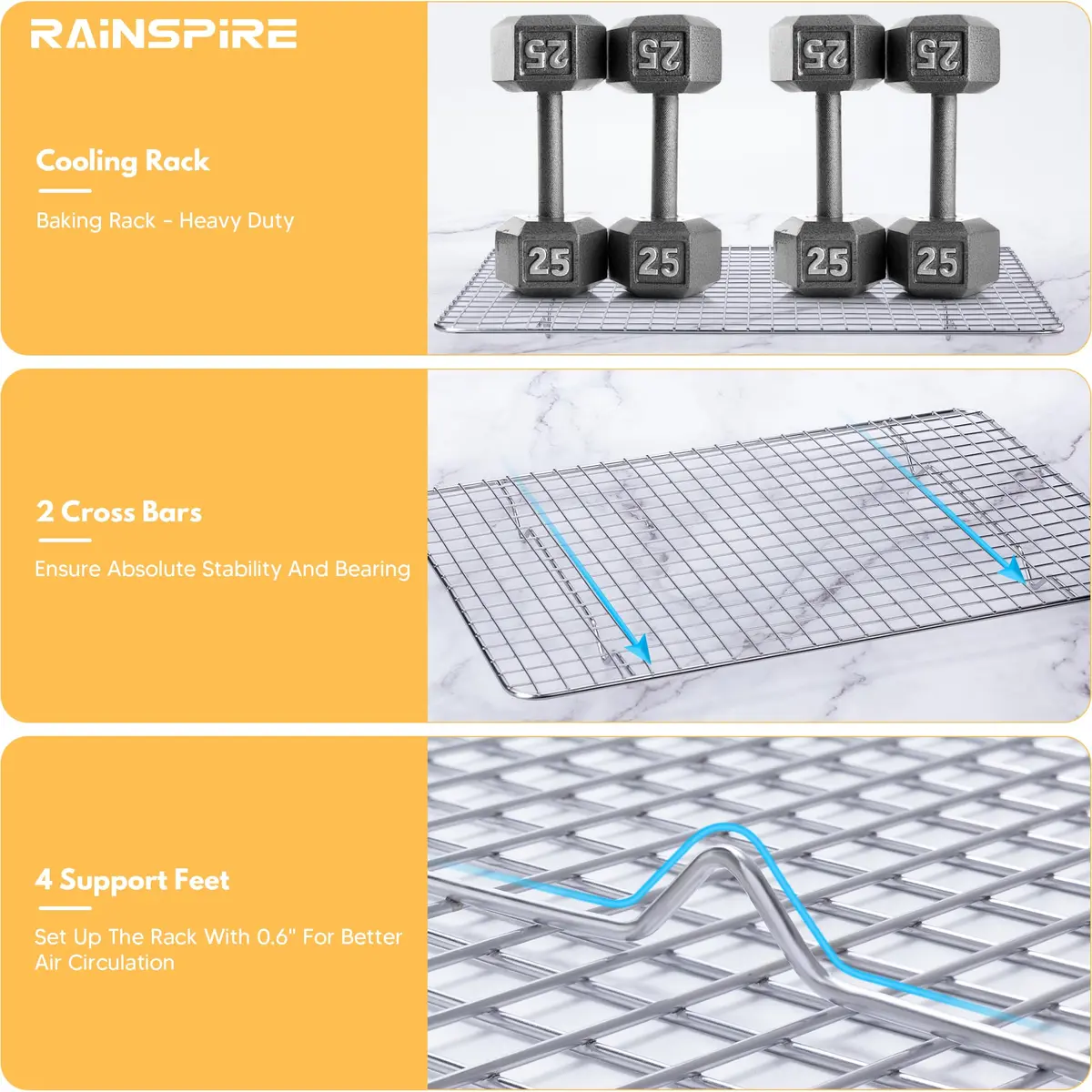 Rainspire 304 Stainless Steel Cooling Rack 10"x15" (25.6cm x 37.4cm) | Heavy Duty Oven Safe Wire Rack for Baking, Broiling, Roasting - view 4