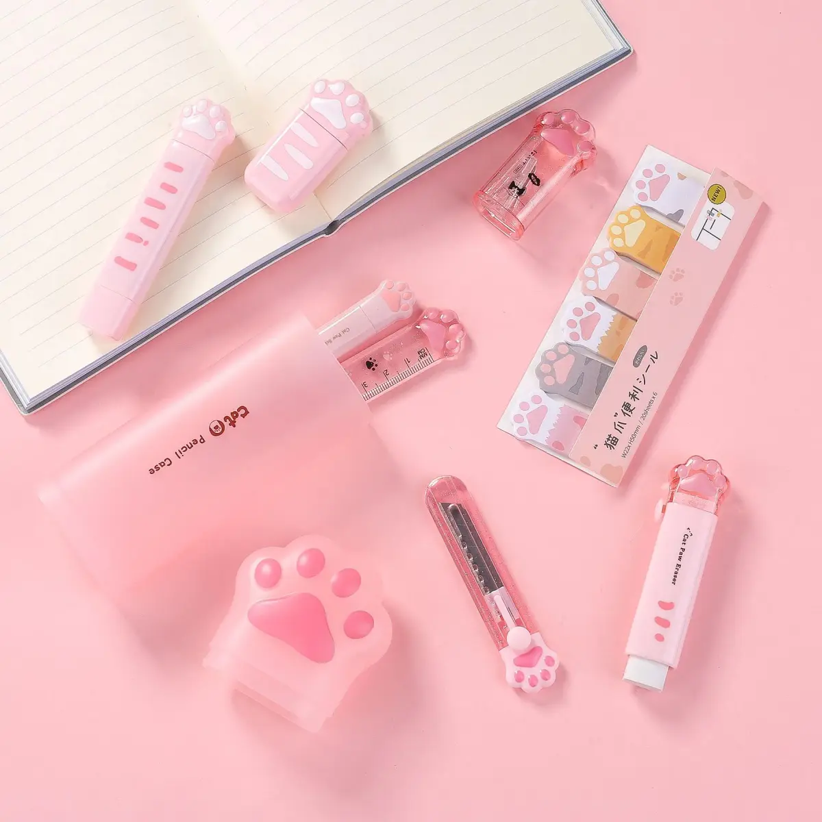 Kogcmeetl Pink 9 Pcs Cute Cat Paw Stationery Set | Retractable Eraser & Correction Tape - view 6