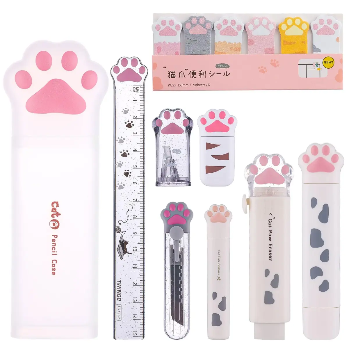 Kogcmeetl 9 Pcs Cute Cat Paw Stationery Set White | Retractable Eraser, Correction Tape, Sharpener, Ruler, Scissors, Knife, Sticky Notes - main product image