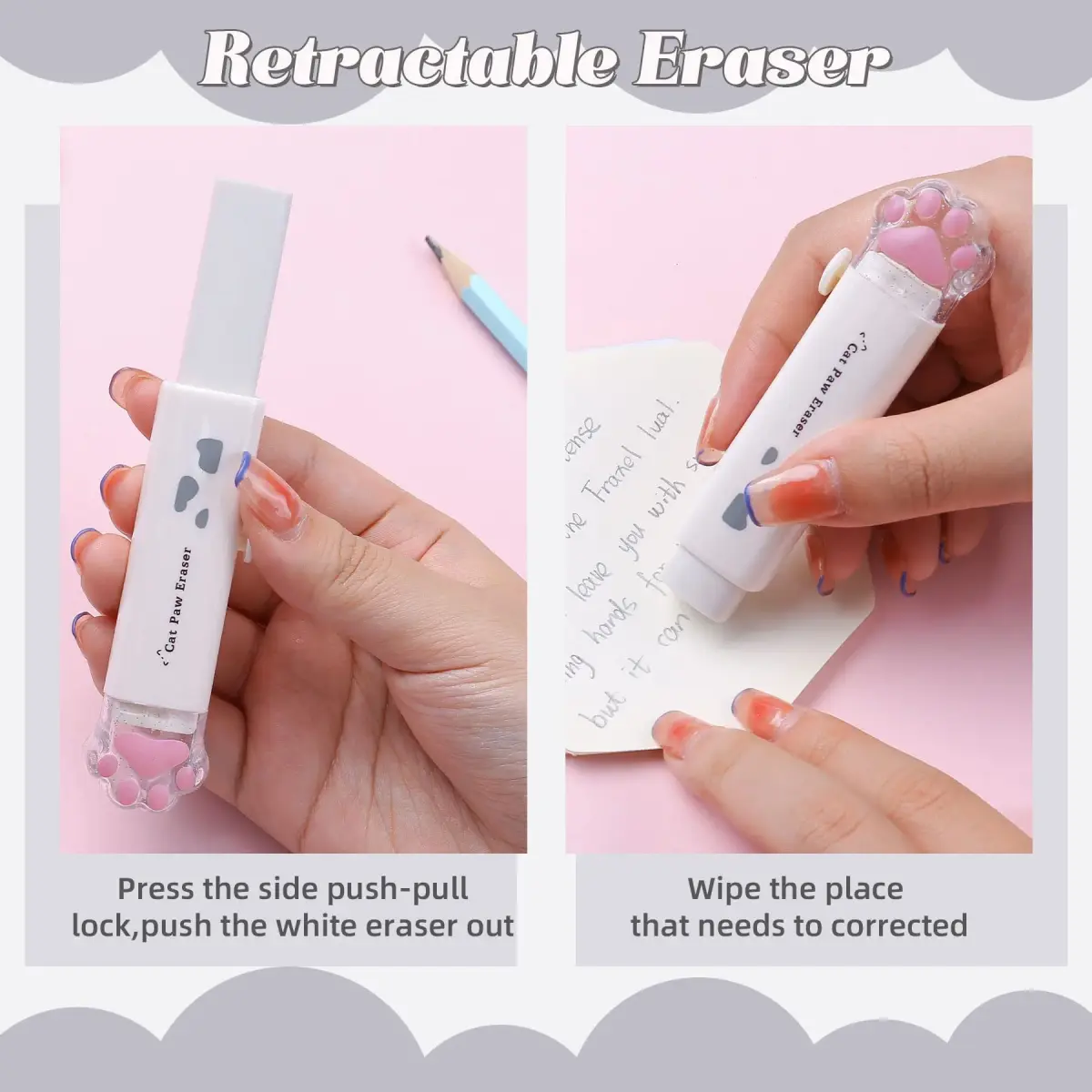 Kogcmeetl 9 Pcs Cute Cat Paw Stationery Set White | Retractable Eraser, Correction Tape, Sharpener, Ruler, Scissors, Knife, Sticky Notes - view 5