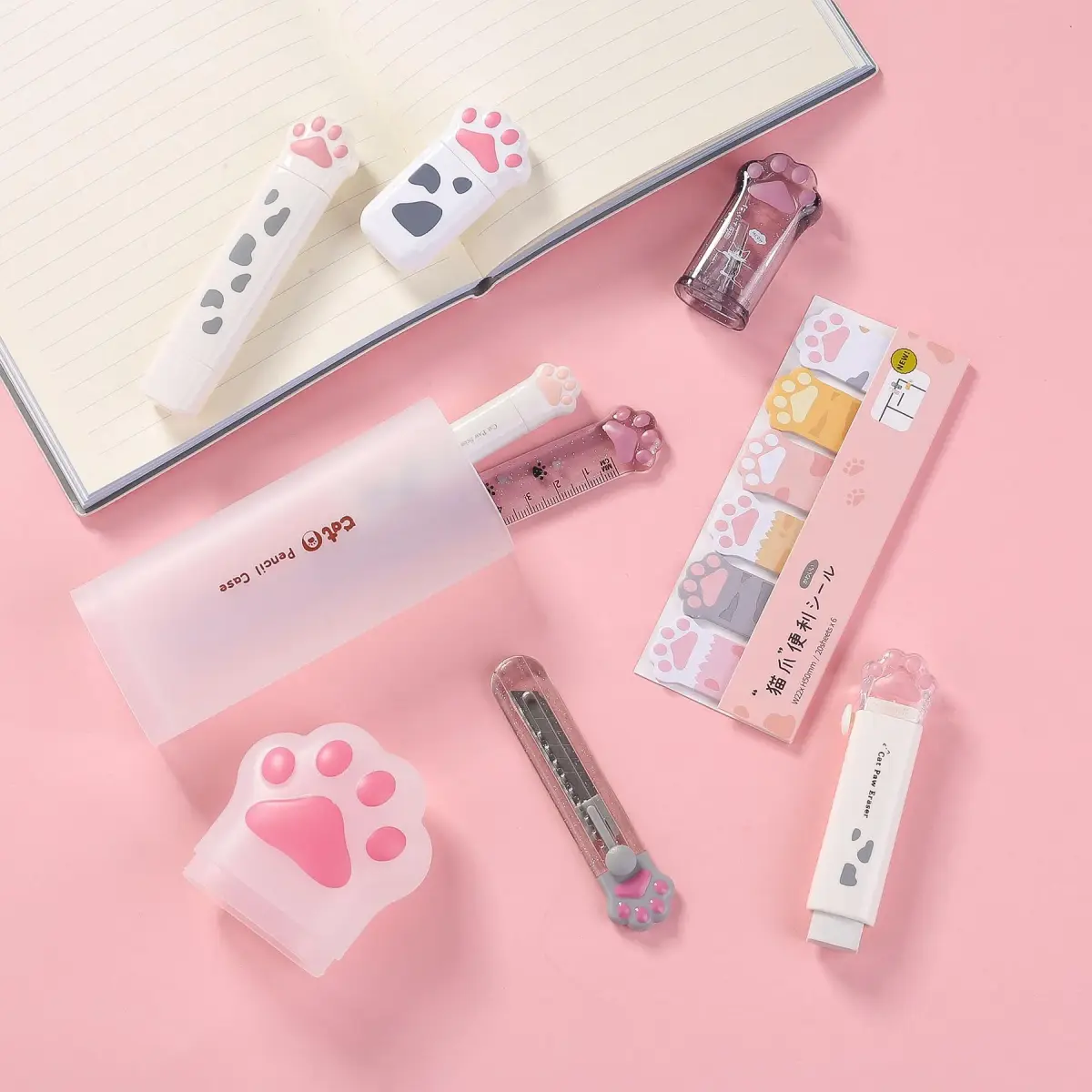 Kogcmeetl 9 Pcs Cute Cat Paw Stationery Set White | Retractable Eraser, Correction Tape, Sharpener, Ruler, Scissors, Knife, Sticky Notes - view 6