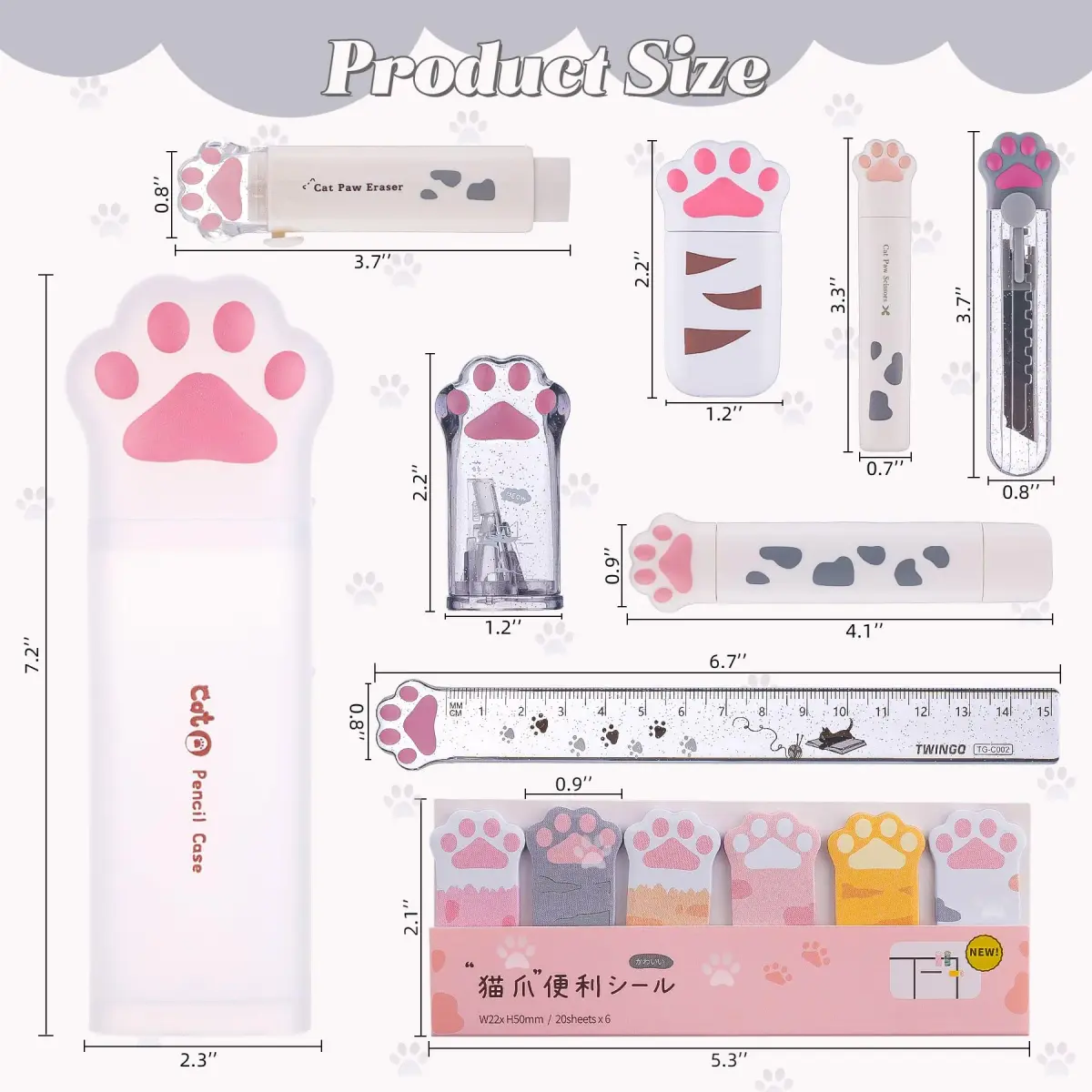 Kogcmeetl 9 Pcs Cute Cat Paw Stationery Set White | Retractable Eraser, Correction Tape, Sharpener, Ruler, Scissors, Knife, Sticky Notes - view 2