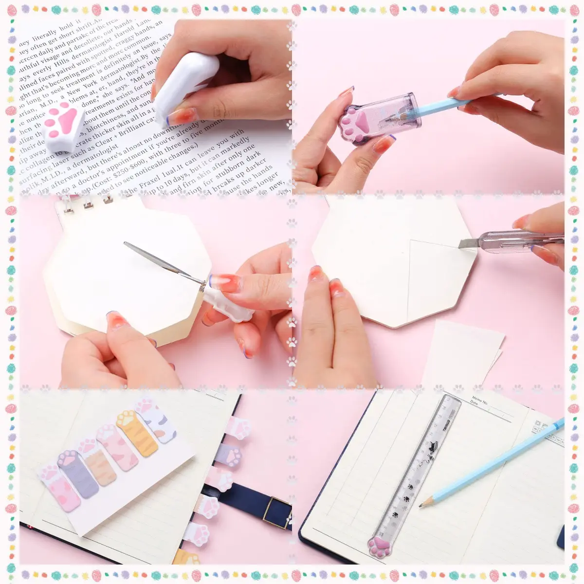 Kogcmeetl 9 Pcs Cute Cat Paw Stationery Set White | Retractable Eraser, Correction Tape, Sharpener, Ruler, Scissors, Knife, Sticky Notes - view 3