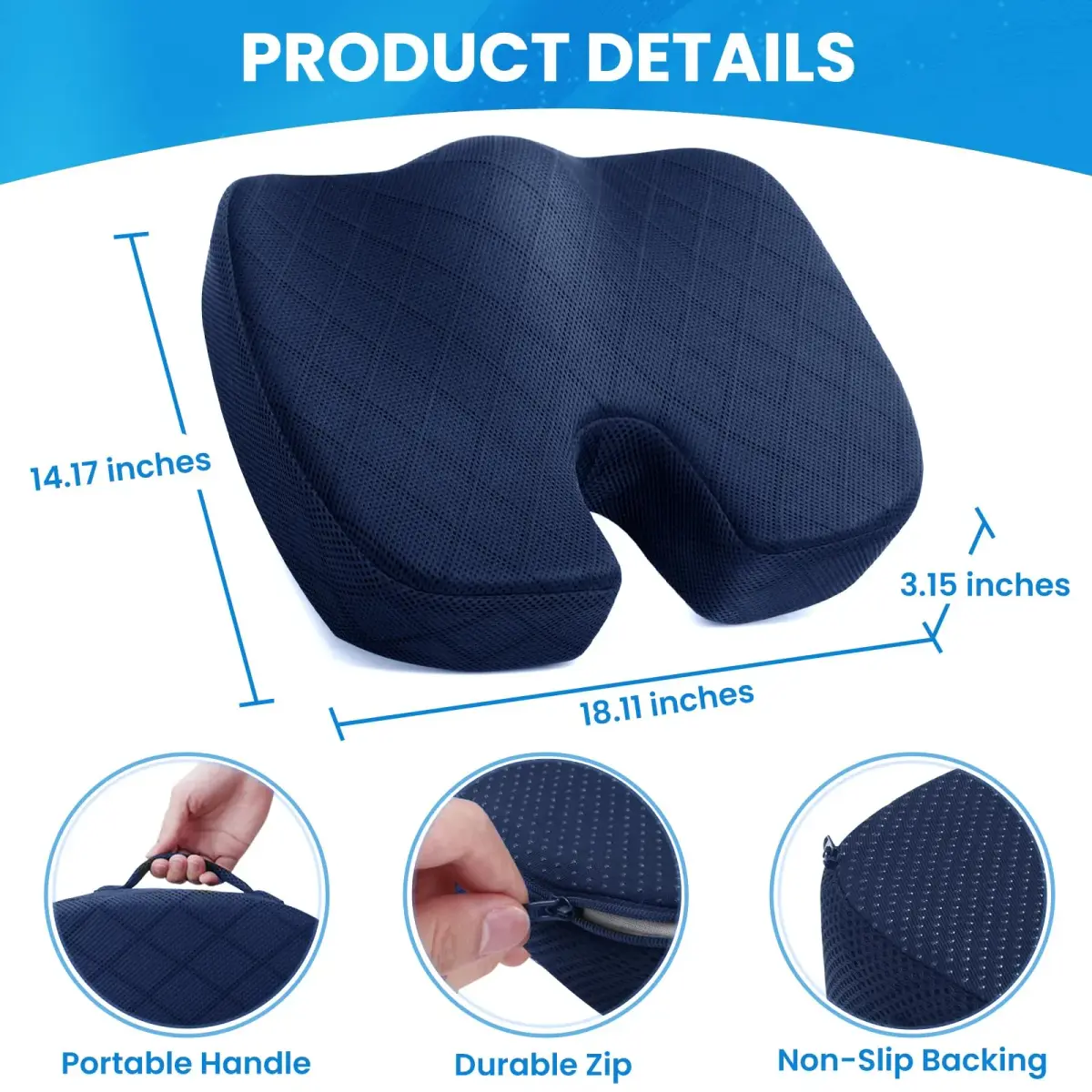 TushGuard Memory Foam Seat Cushion Blue | Ergonomic U-Shape for Office Chair, Car, Airplane, Bleacher - Sciatica & Coccyx Pain Relief - view 2