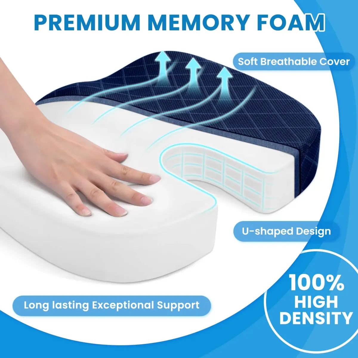 TushGuard Memory Foam Seat Cushion Blue | Ergonomic U-Shape for Office Chair, Car, Airplane, Bleacher - Sciatica & Coccyx Pain Relief - view 3