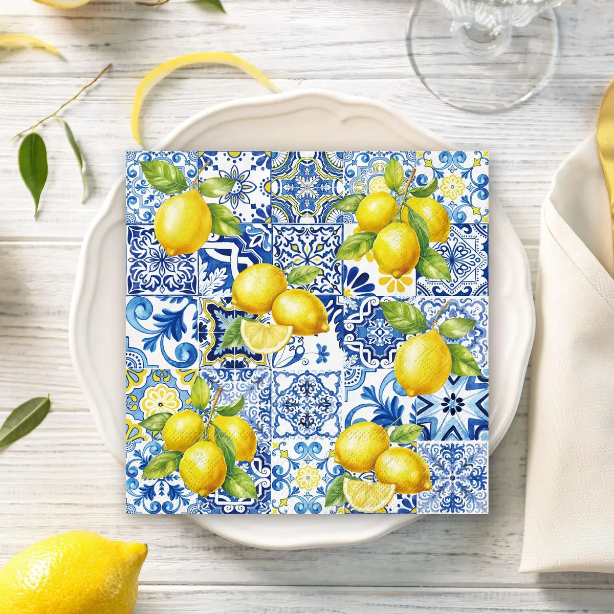 JarThenaAMCS Disposable Napkins 80Pcs Tiles Lemons Blue Yellow | Elegant Party Table Decor - view 5