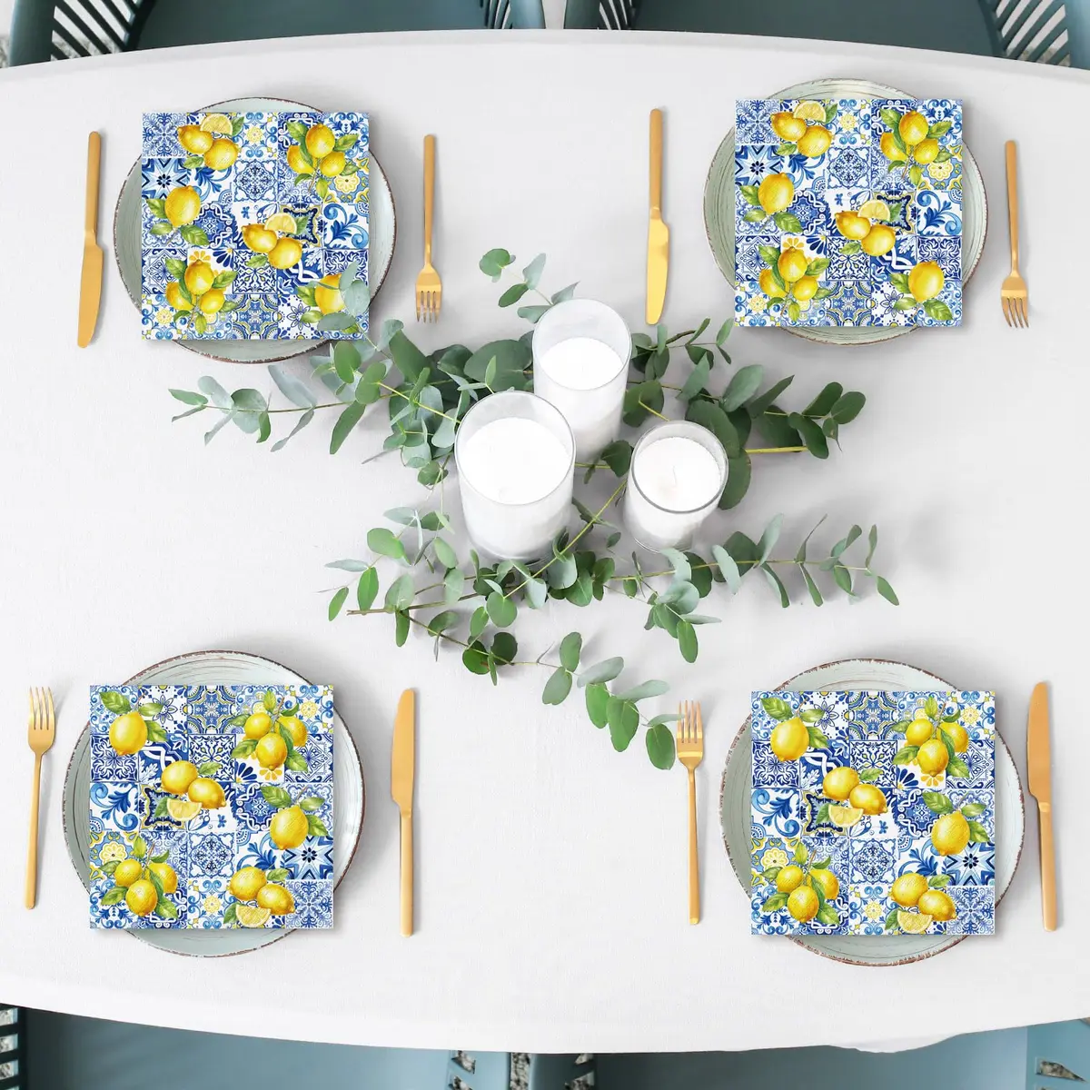 JarThenaAMCS Disposable Napkins 80Pcs Tiles Lemons Blue Yellow | Elegant Party Table Decor - view 6