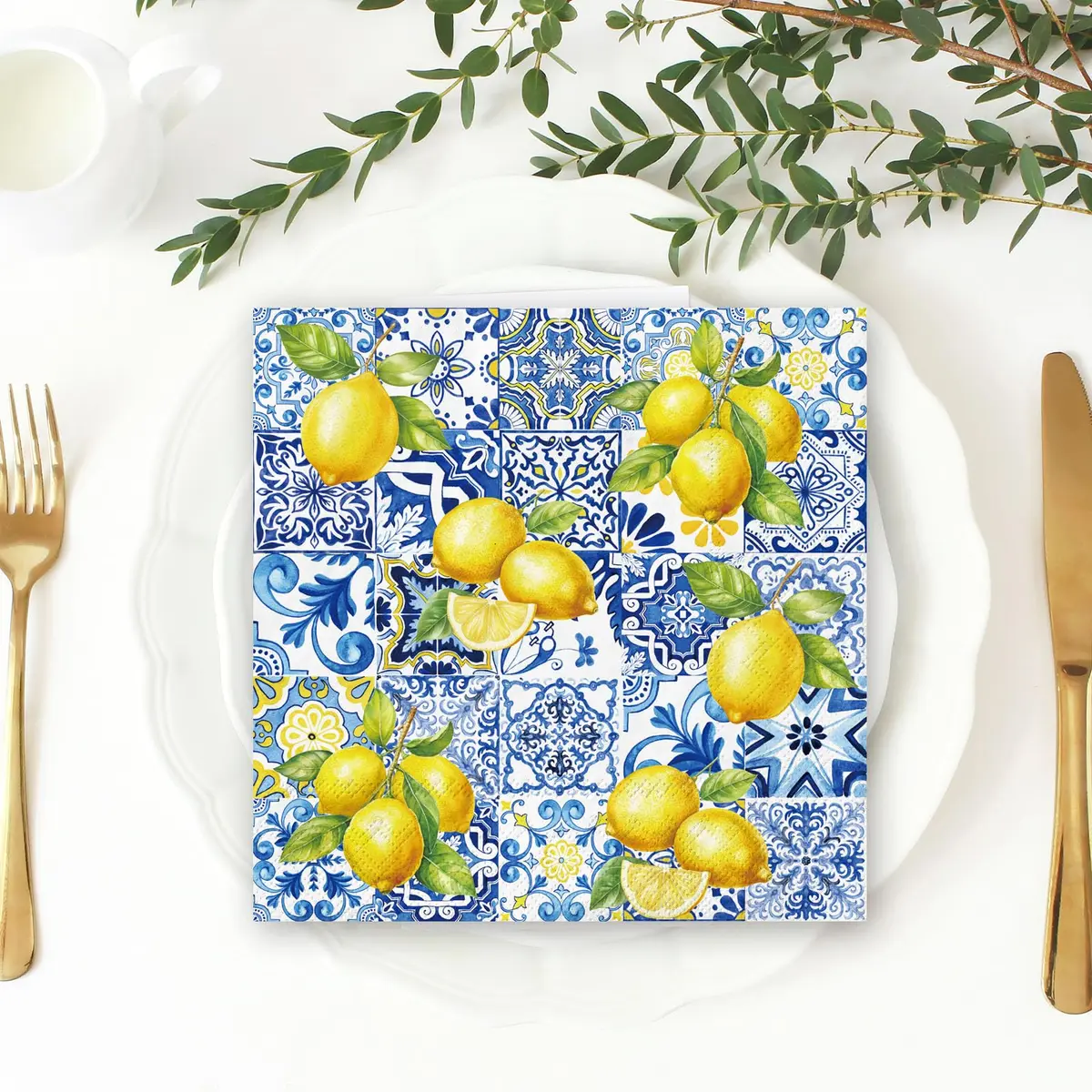 JarThenaAMCS Disposable Napkins 80Pcs Tiles Lemons Blue Yellow | Elegant Party Table Decor - view 7