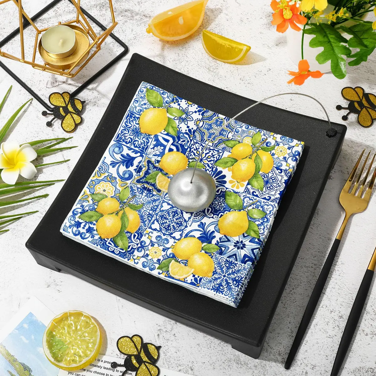 JarThenaAMCS Disposable Napkins 80Pcs Tiles Lemons Blue Yellow | Elegant Party Table Decor - view 3