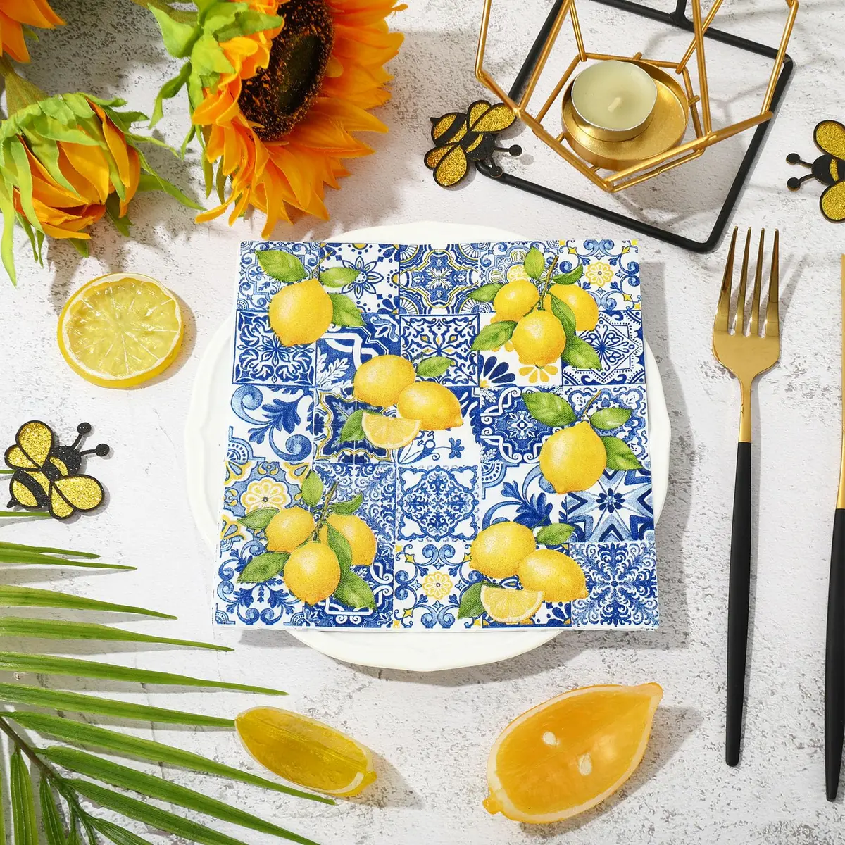 JarThenaAMCS Disposable Napkins 80Pcs Tiles Lemons Blue Yellow | Elegant Party Table Decor - view 4