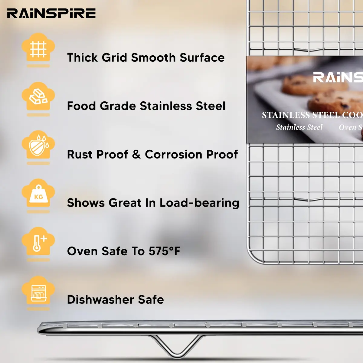 Rainspire Stainless Steel Cooling Rack 12"x17" (30cm x 43cm) | Oven Safe, Dishwasher Safe, Rust-Resistant - view 3
