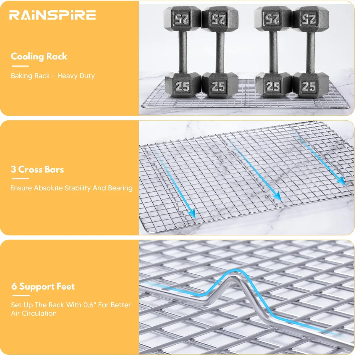 Rainspire Stainless Steel Cooling Rack 12"x17" (30cm x 43cm) | Oven Safe, Dishwasher Safe, Rust-Resistant - view 4
