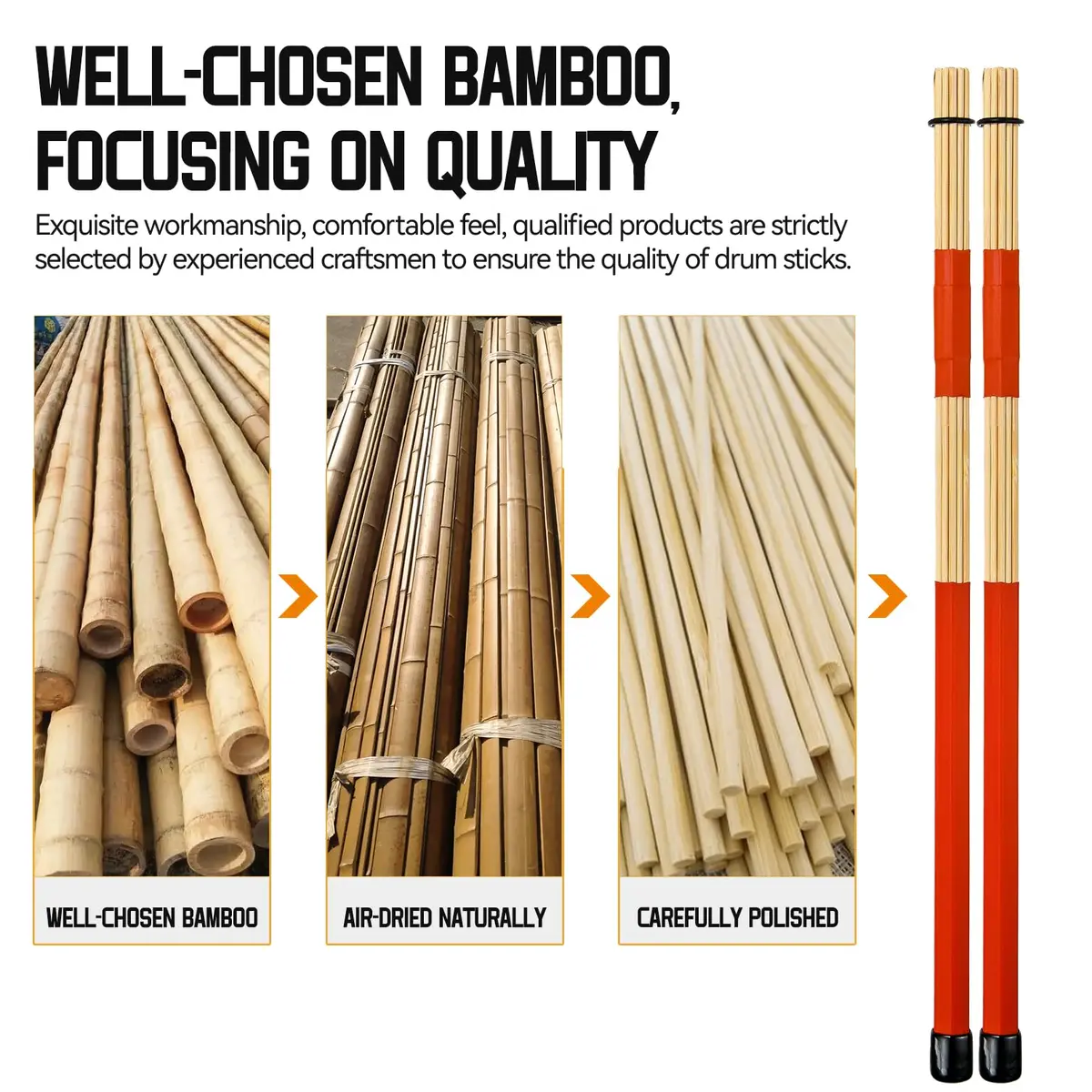 LALAOKS Bamboo Drumsticks with Red Wrap, 2 Pair | Natural & Durable for Jazz, Folk Music - view 6