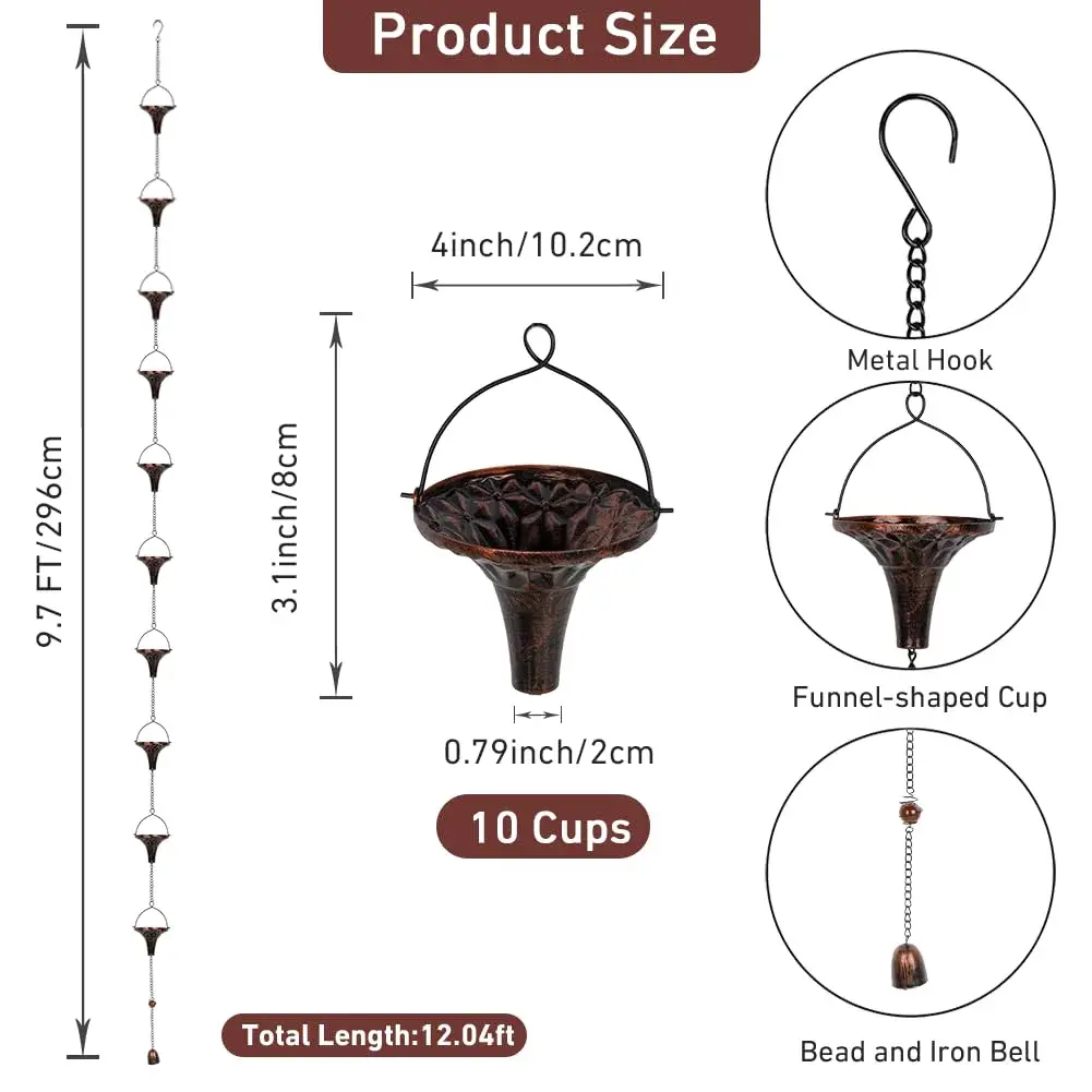 giole 12ft Metal Rain Chain with 12 Funnel Cups | Decorative Downspout Alternative for Homes - view 2