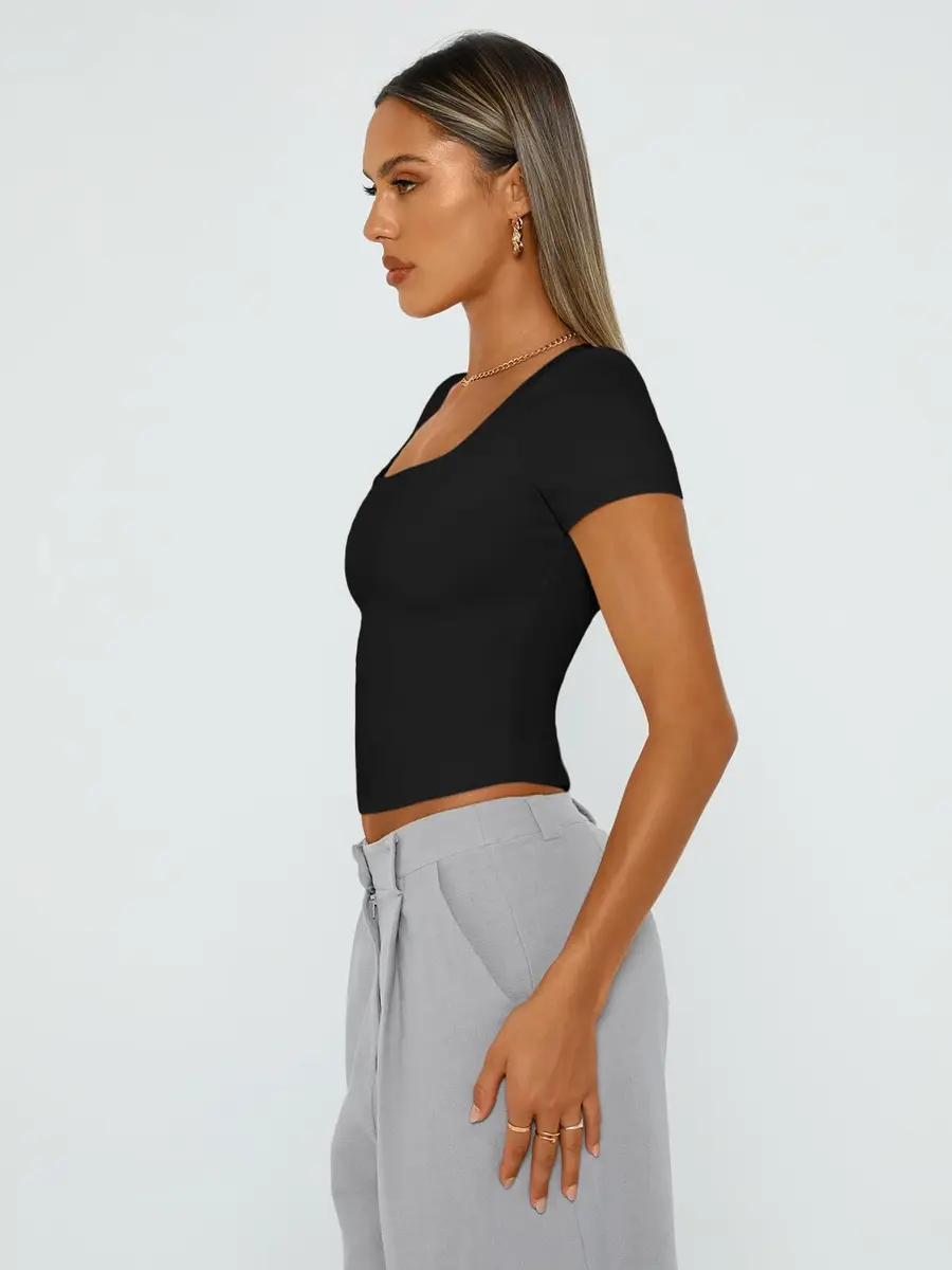 Trendy Queen Double Lined Square Neck Crop Top Medium Black | Breathable & Stretchable for Spring Summer - view 5